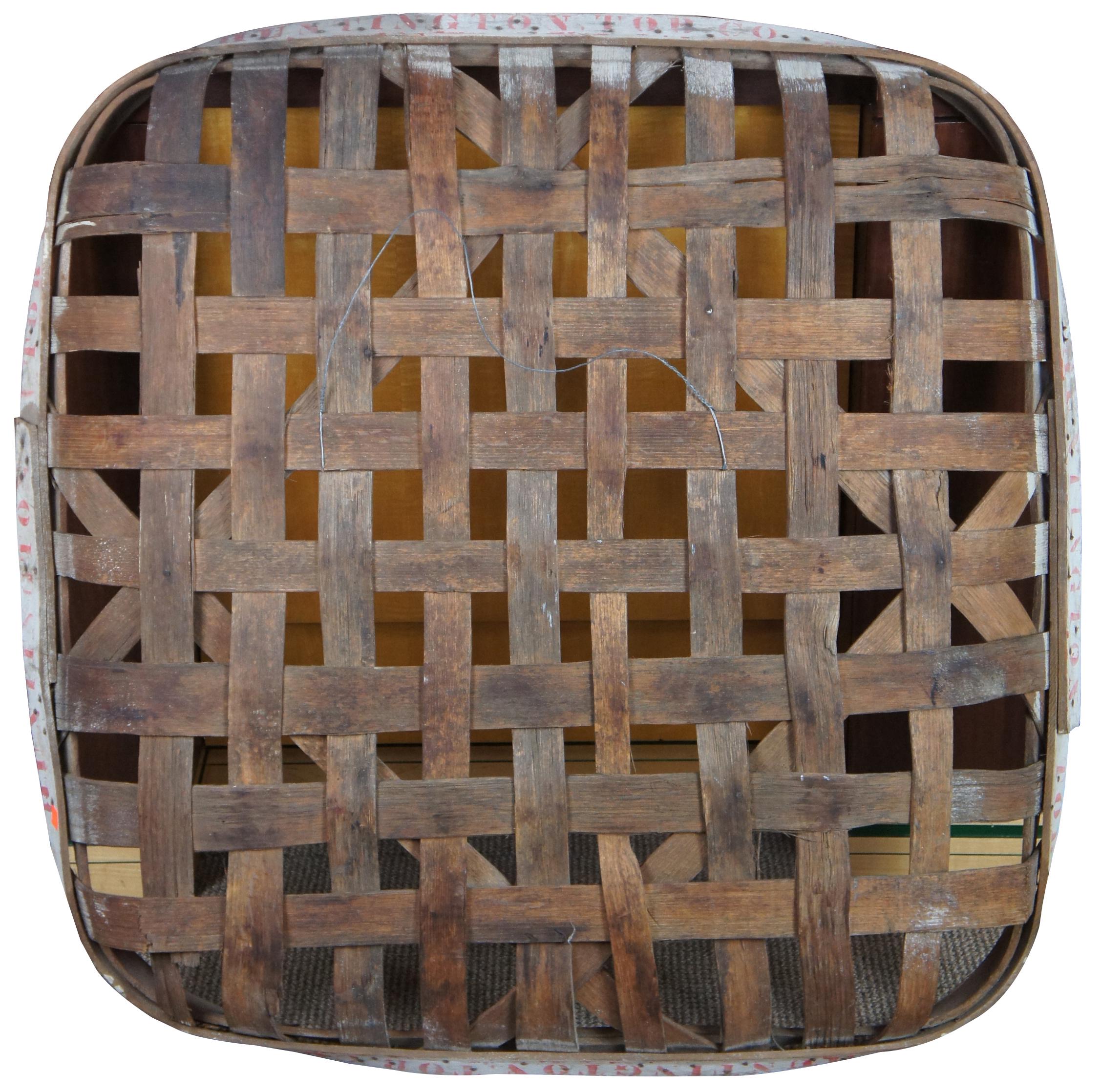 Antique tobacco basket by/from Huntington Tobacco Company. Features a traditional square shape with woven wood supports and Huntington Tobacco Company writing/stamping along the edge. Measure: 40