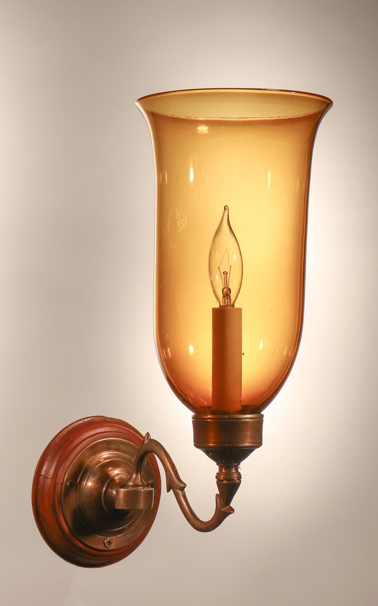 Late Victorian Antique Hurricane Shade Wall Sconces with Amber Colored Glass