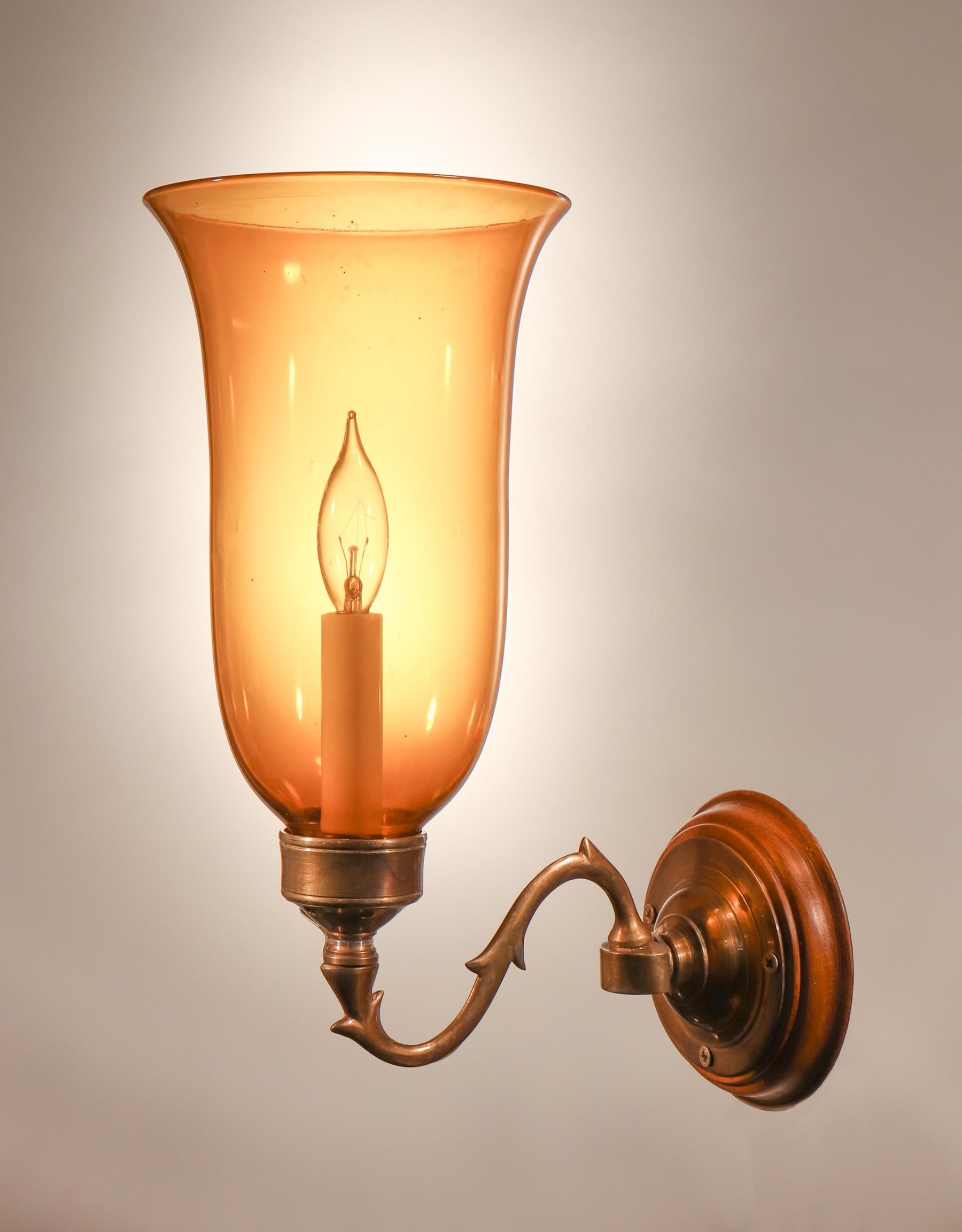 English Antique Hurricane Shade Wall Sconces with Amber Colored Glass