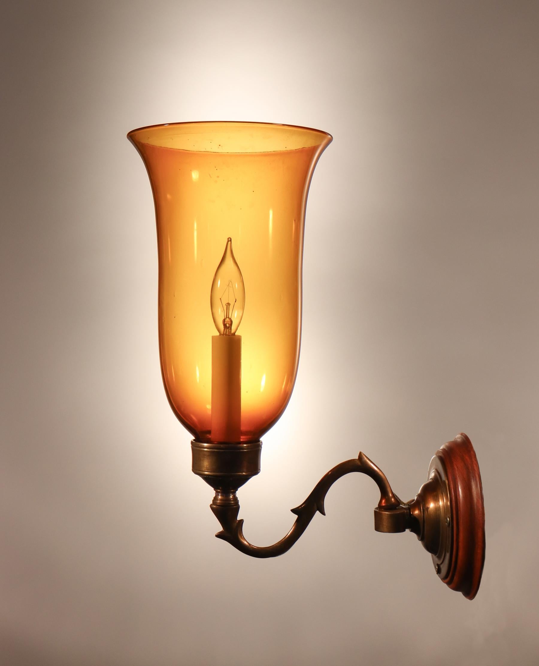 Antique Hurricane Shade Wall Sconces with Amber Colored Glass In Good Condition In Heath, MA
