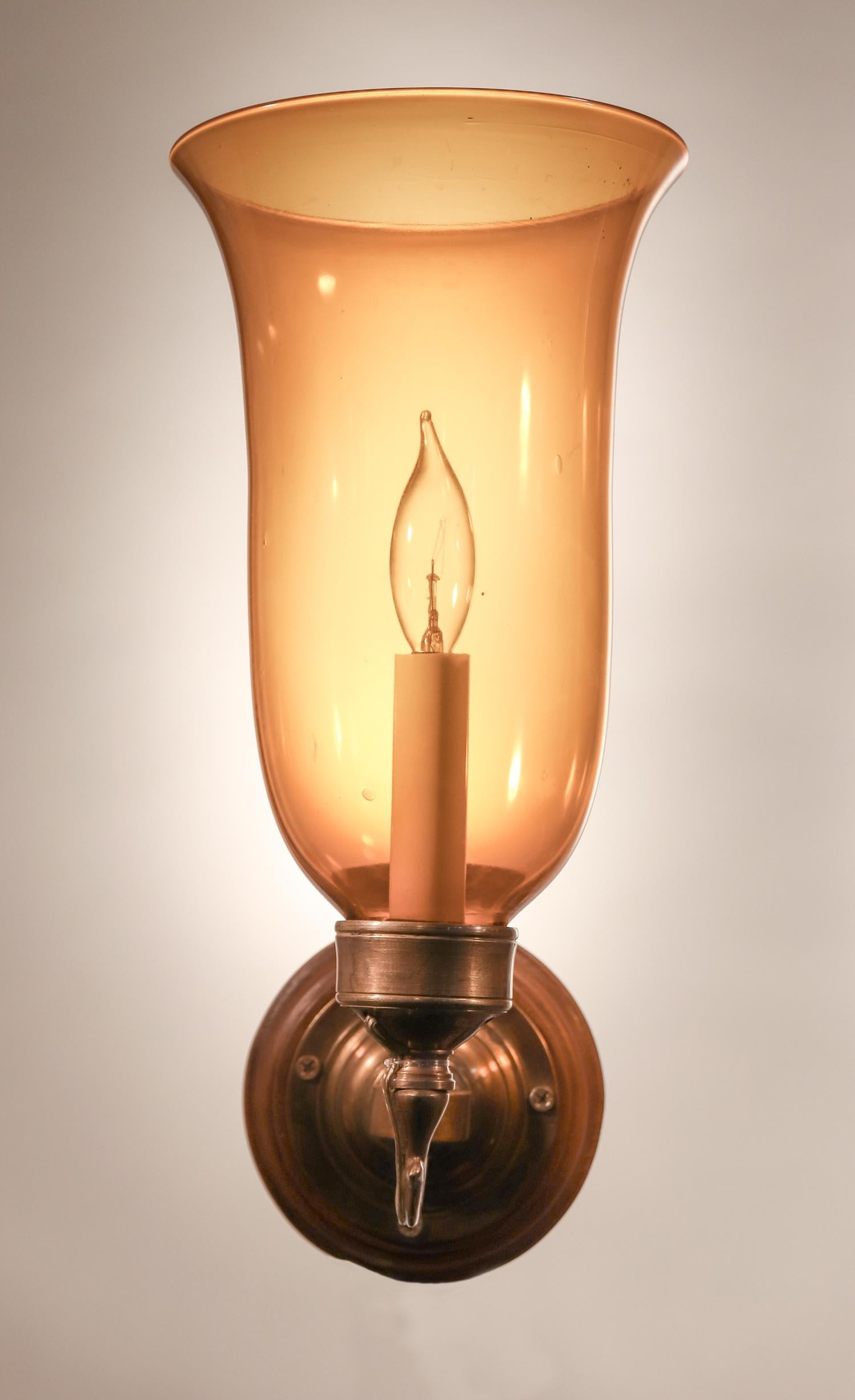 19th Century Antique Hurricane Shade Wall Sconces with Amber Colored Glass