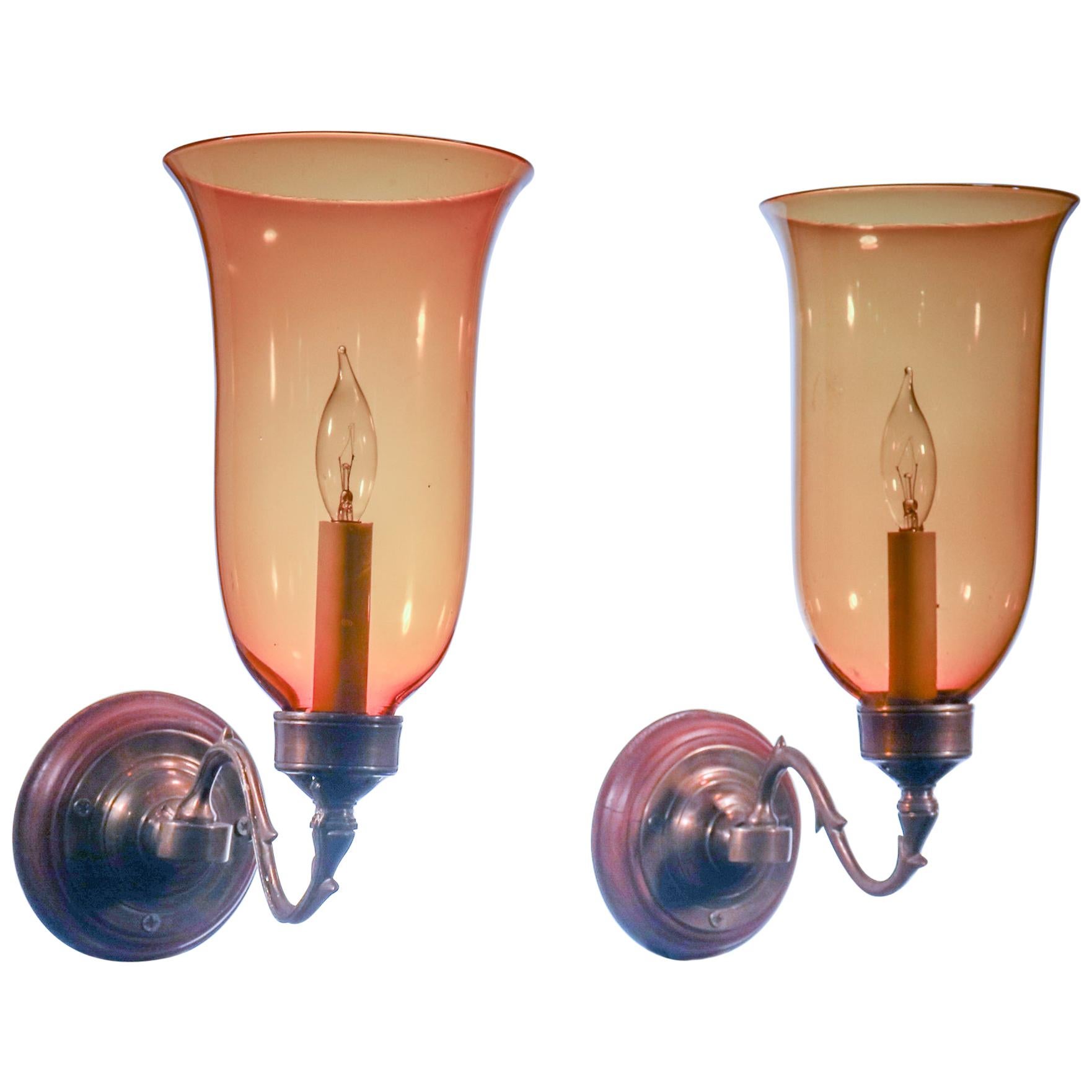 Antique Hurricane Shade Wall Sconces with Amber Colored Glass