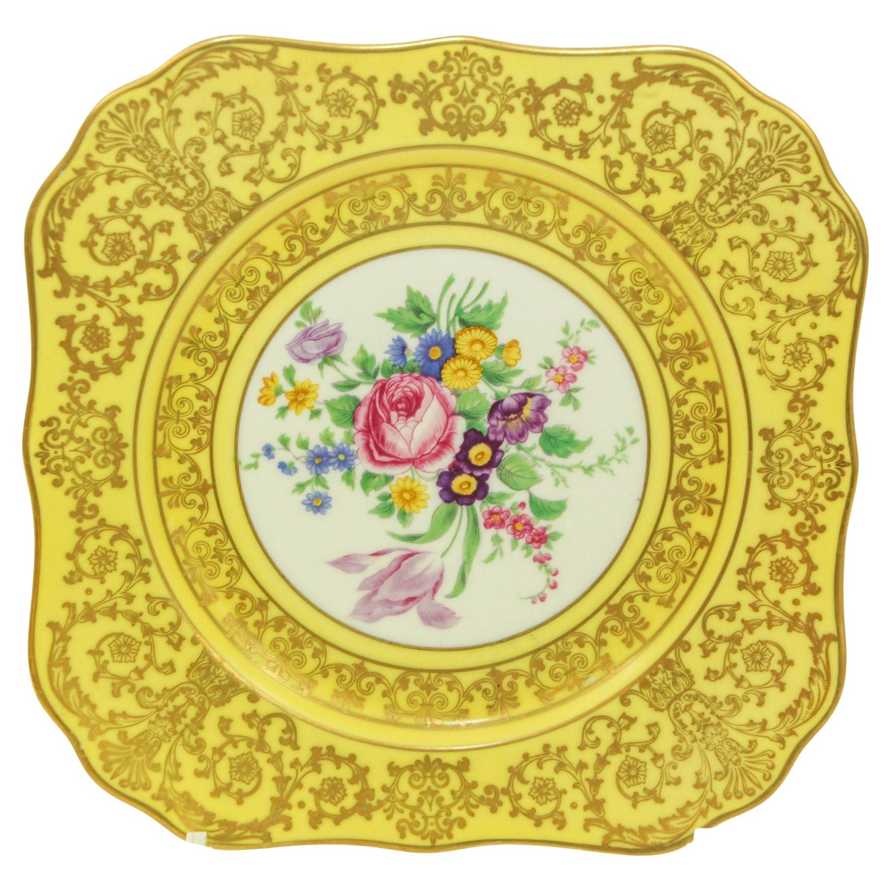 Antiguo Hutschenreuther Selb Bavaria Plato Cuadrado de China Floral Oro Amarillo