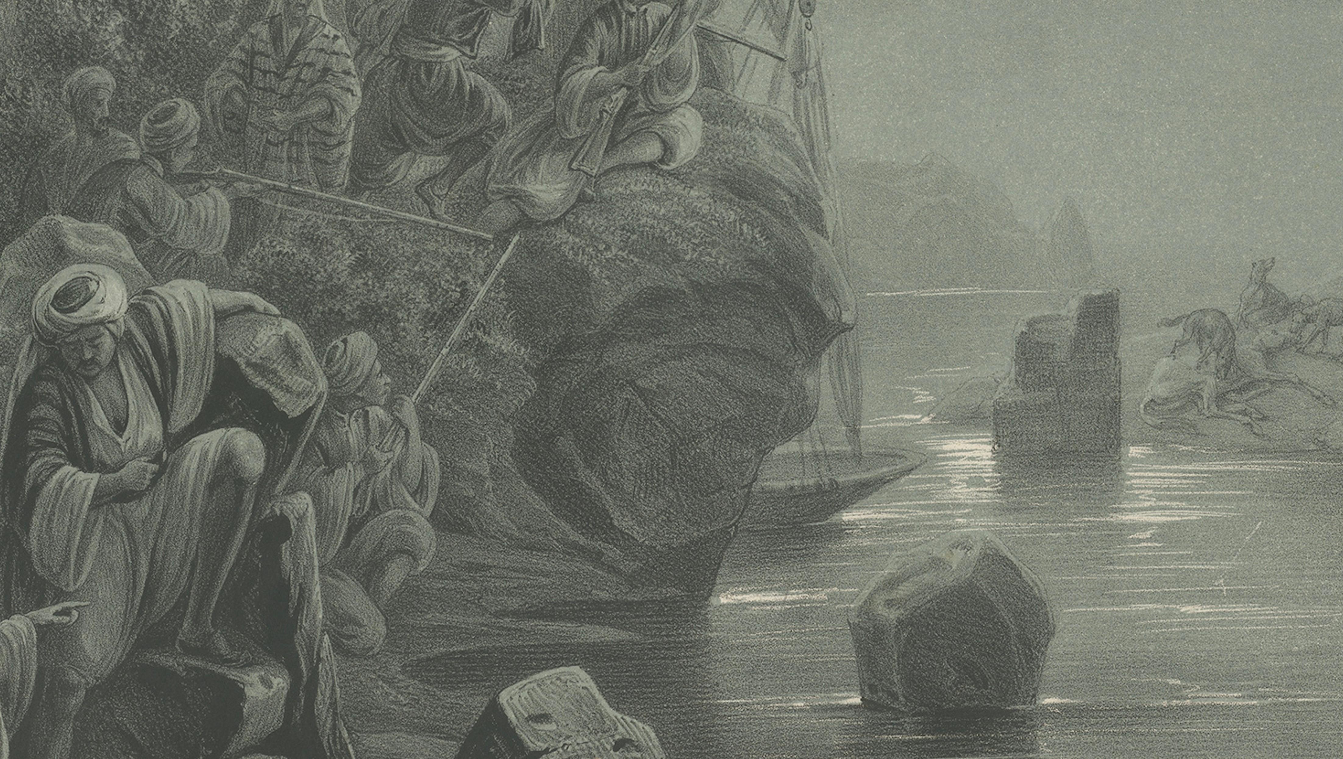 Antike Hyänenjagd auf dem Nil Mondscheinszene aus Maximilian, 1846 (Papier) im Angebot