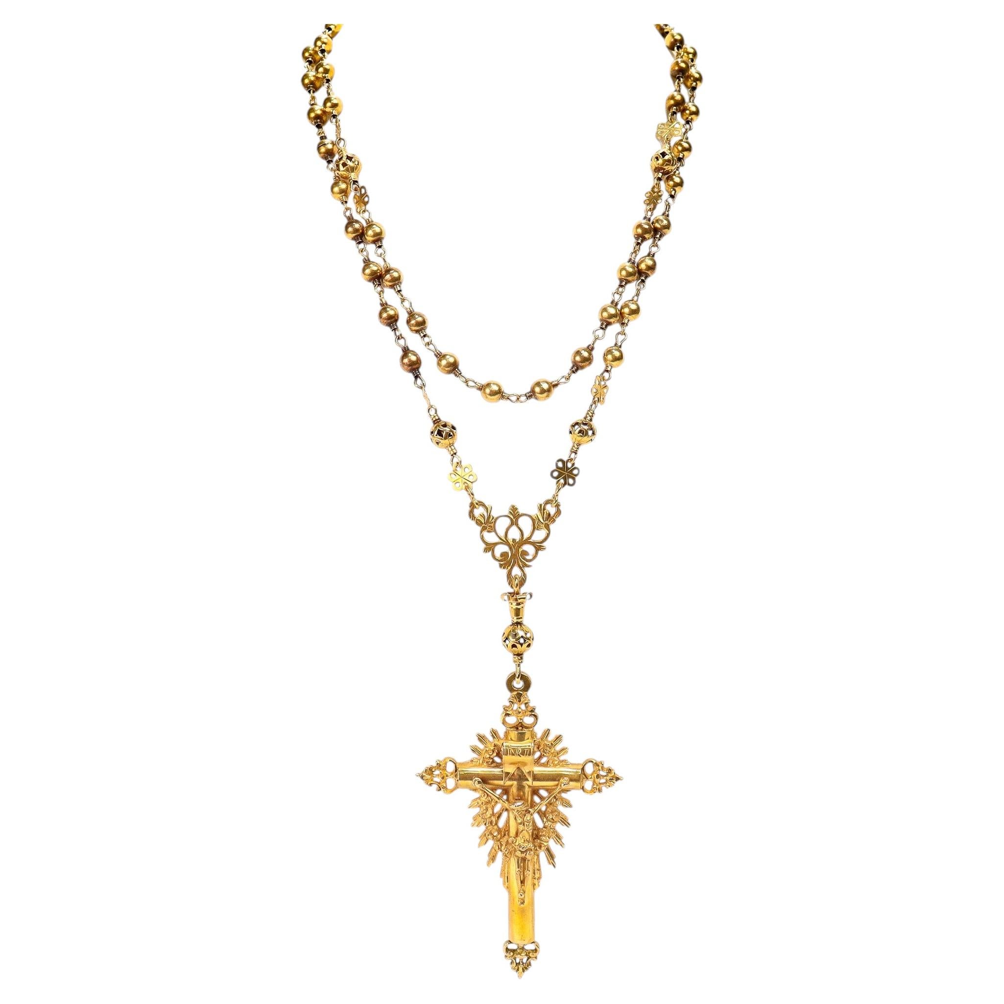 Crocifisso reliquiario iberico d'epoca in oro 18 carati / Ciondolo a forma di croce con collana a catena
