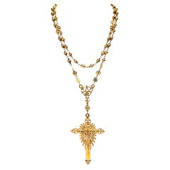 Antique Iberian 18K Gold Reliquary Crucifix / Cross Pendant and Chain Necklace