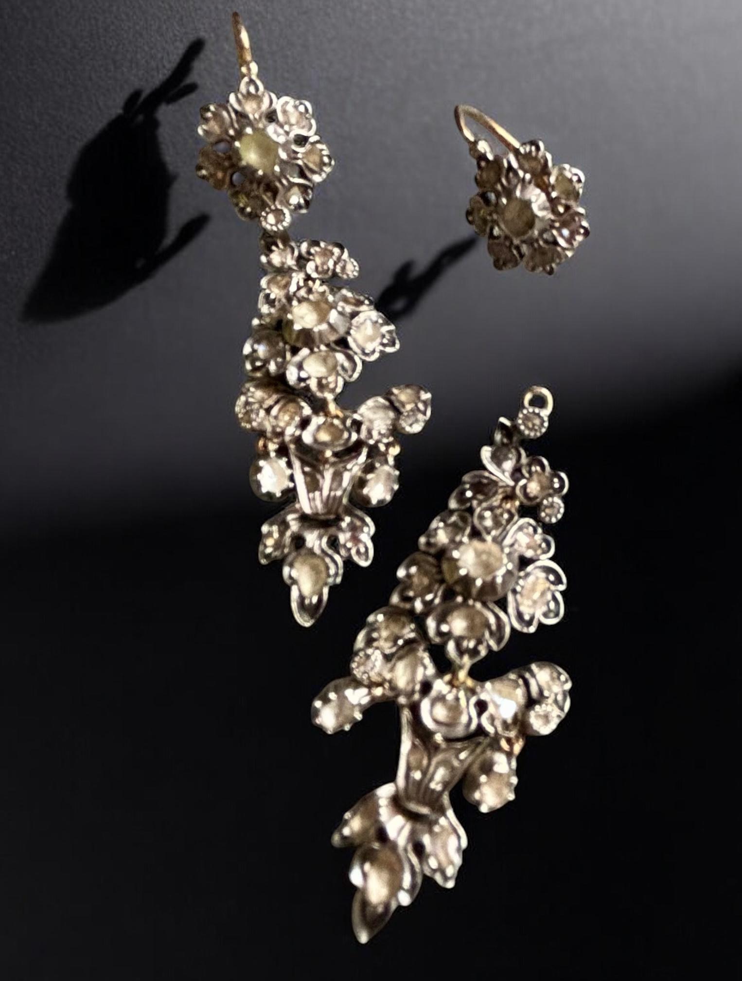 Antique Iberian Day & Night  Rose Cut Diamond Herring Chandelier Earrings. For Sale 8
