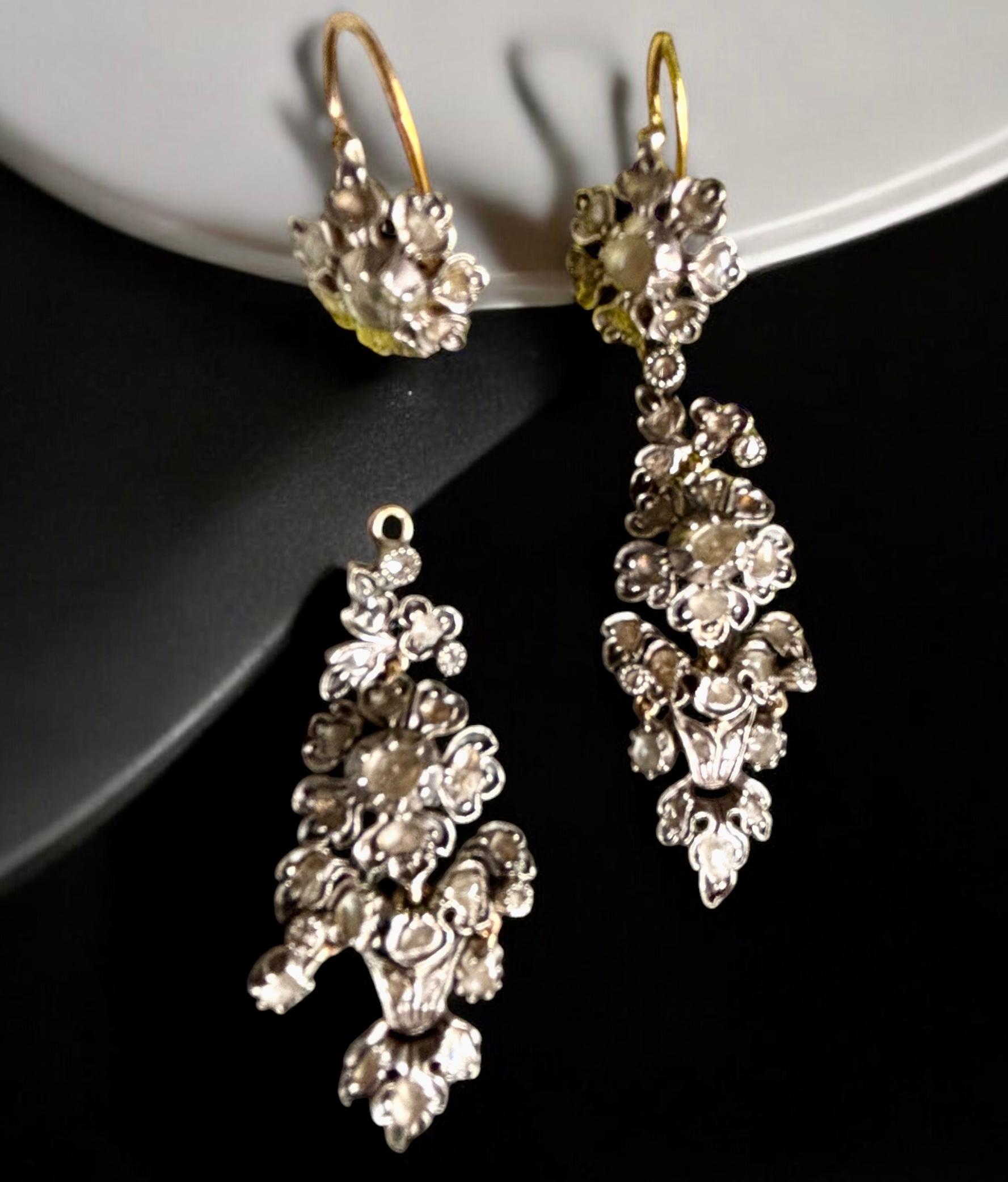 Antique Iberian Day & Night  Rose Cut Diamond Herring Chandelier Earrings. For Sale 9