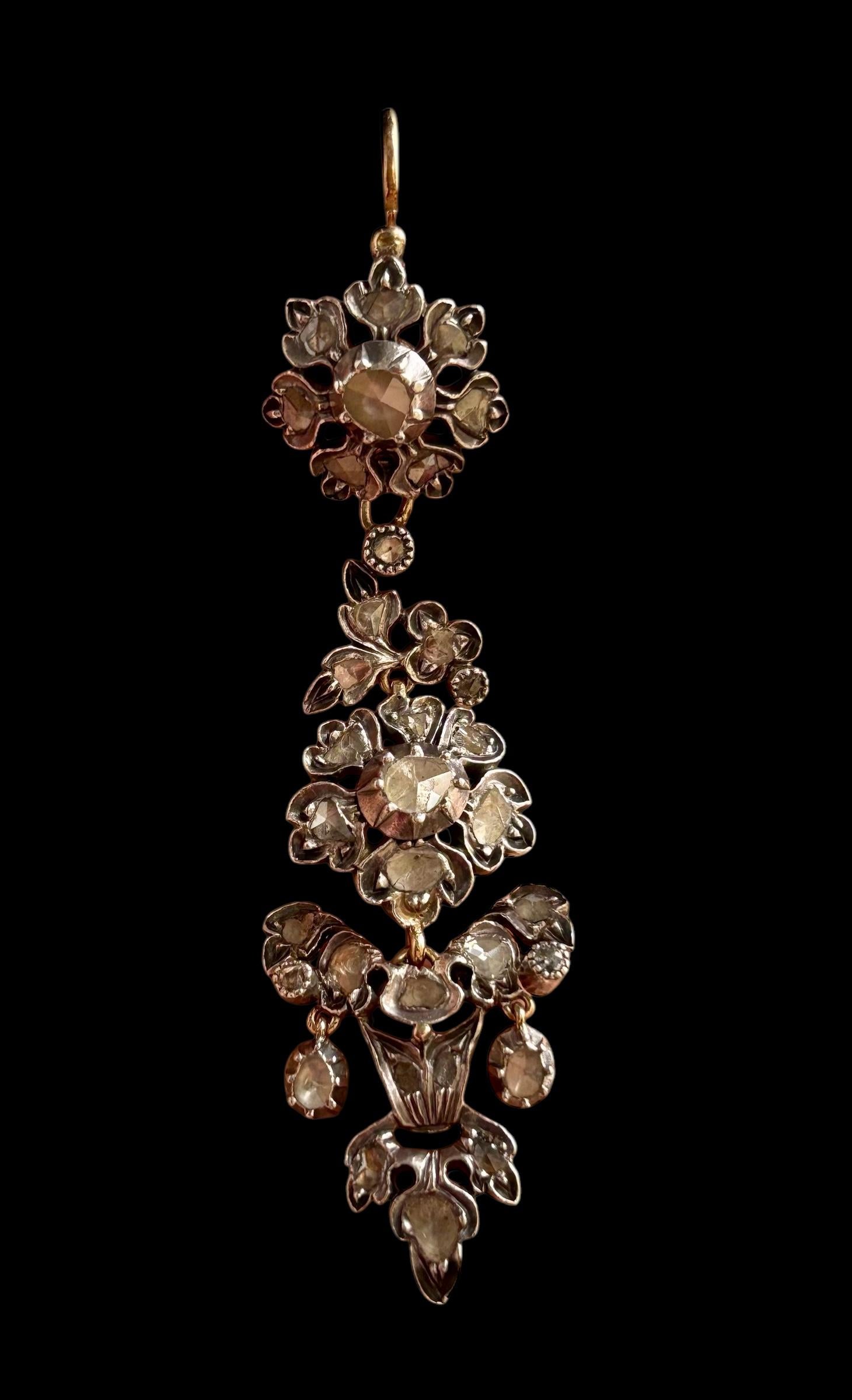Antique Iberian Day & Night  Rose Cut Diamond Herring Chandelier Earrings. For Sale 12
