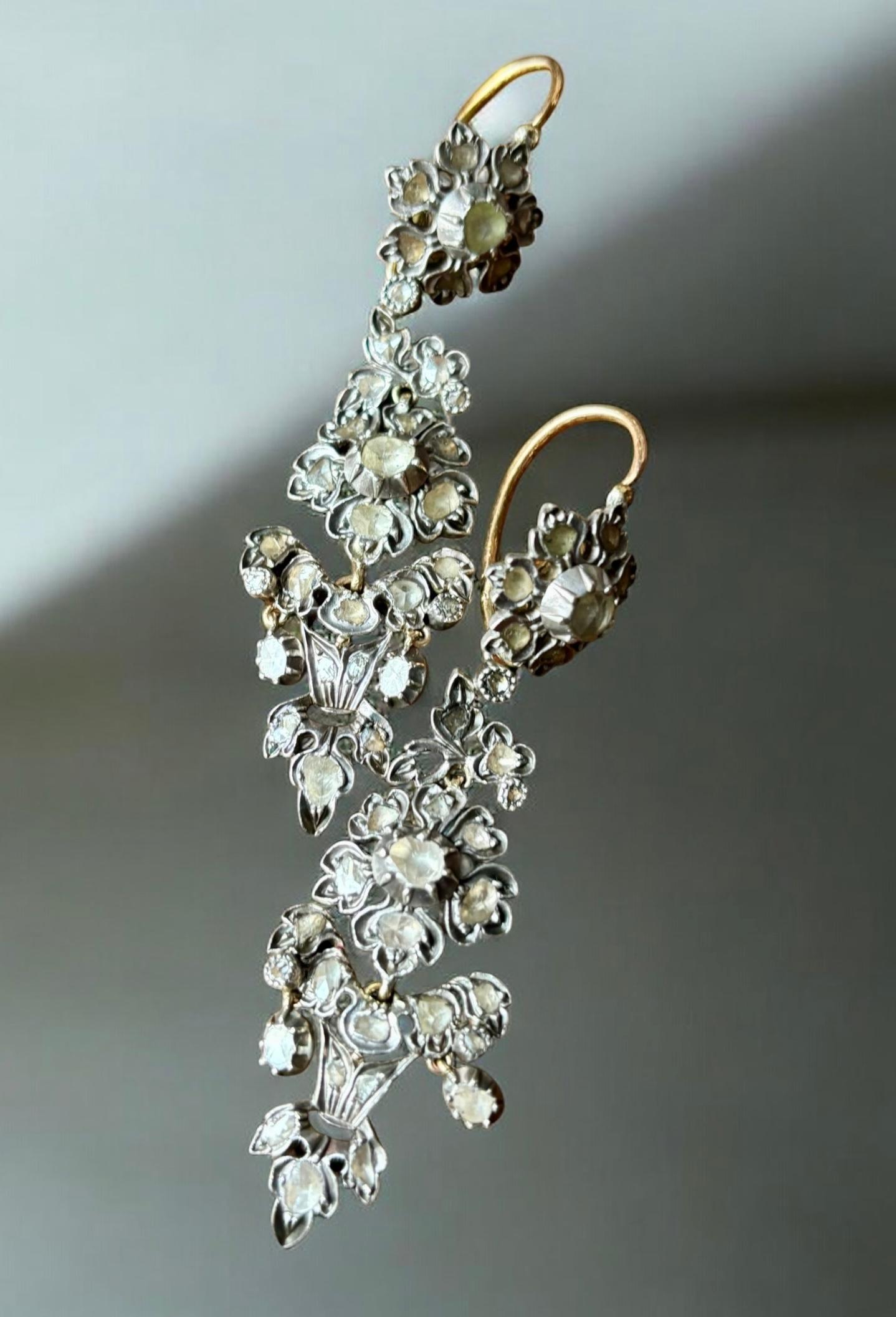Georgian Antique Iberian Day & Night  Rose Cut Diamond Herring Chandelier Earrings. For Sale