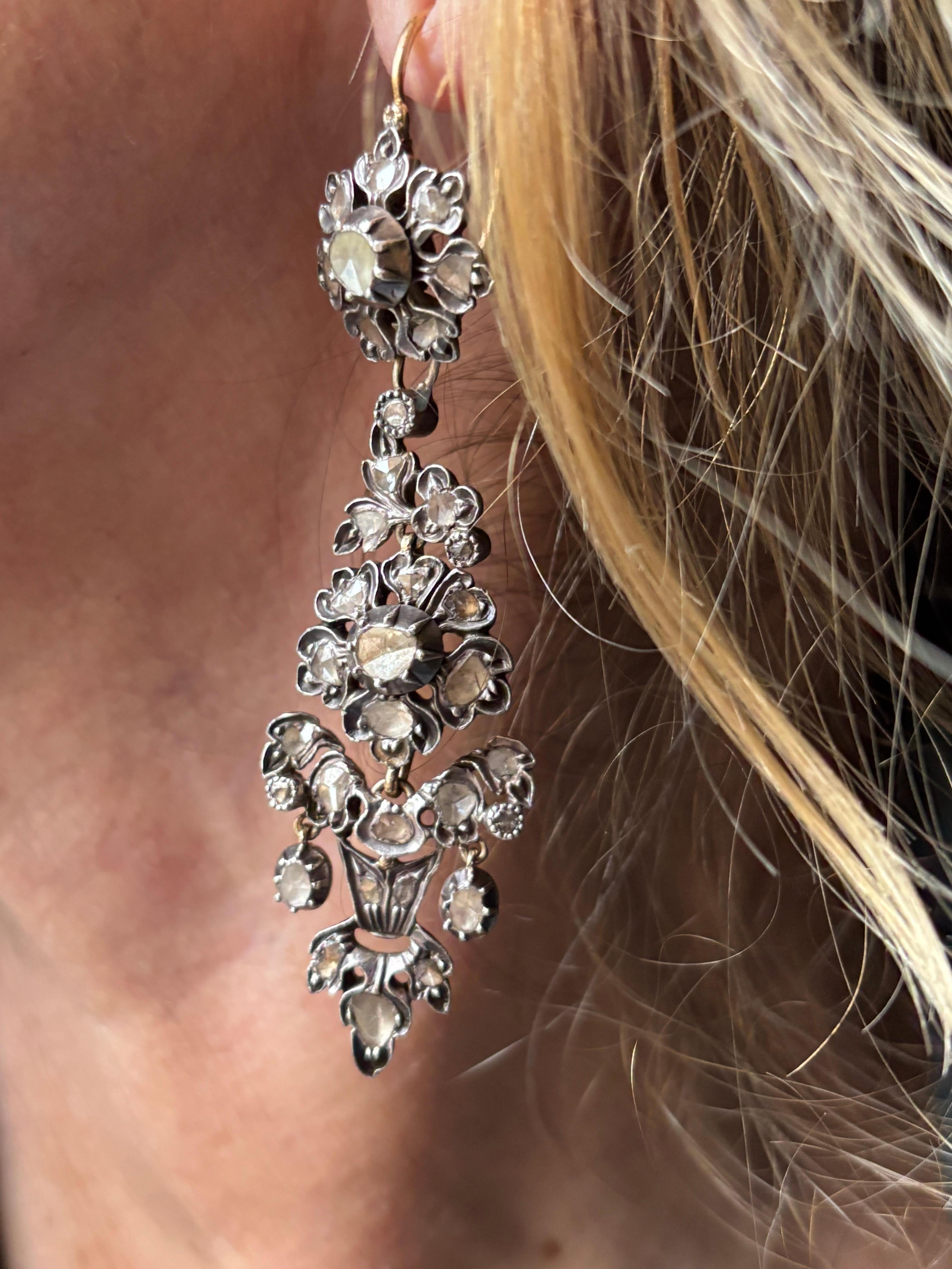 Women's Antique Iberian Day & Night  Rose Cut Diamond Herring Chandelier Earrings. For Sale