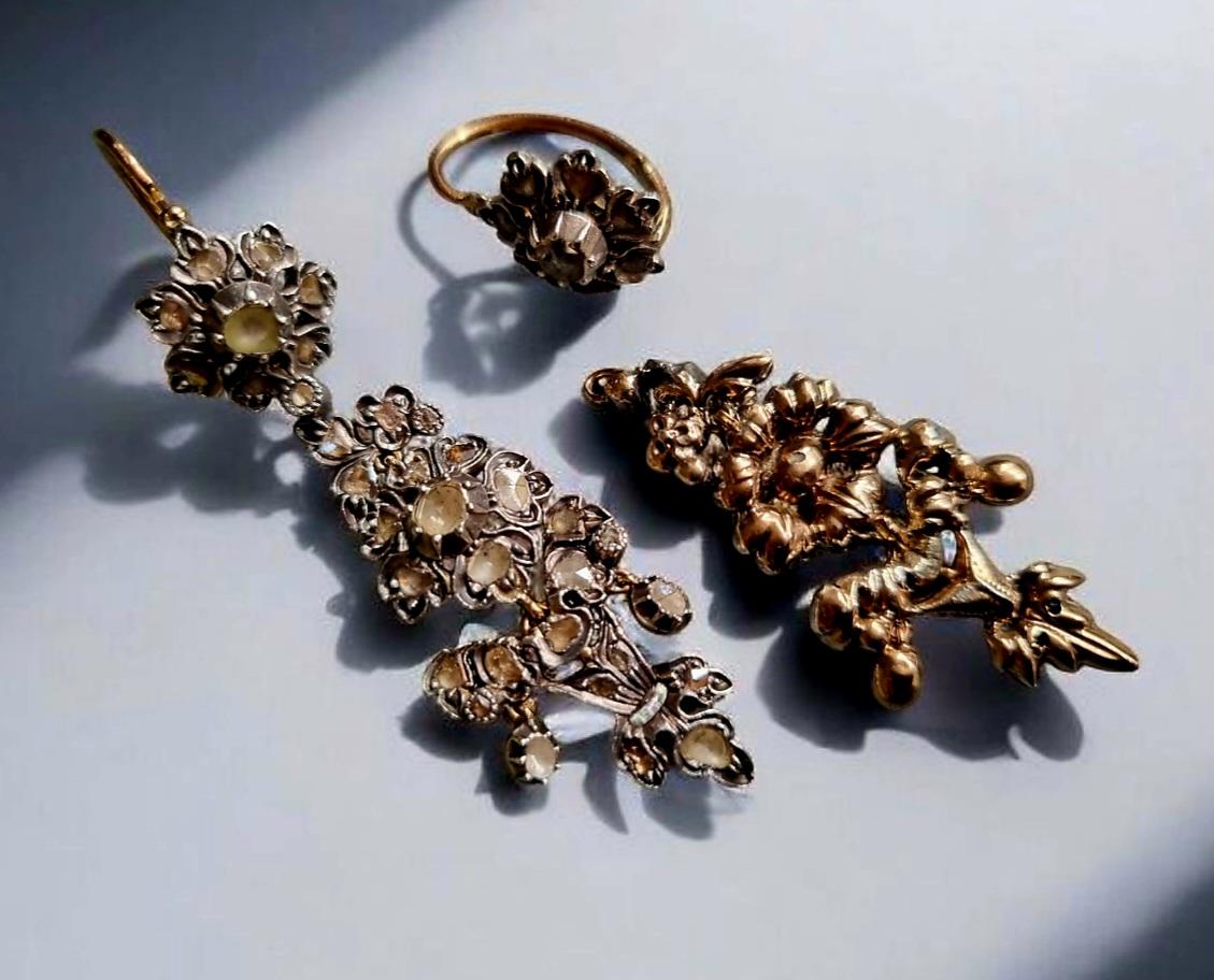 Antique Iberian Day & Night  Rose Cut Diamond Herring Chandelier Earrings. For Sale 1
