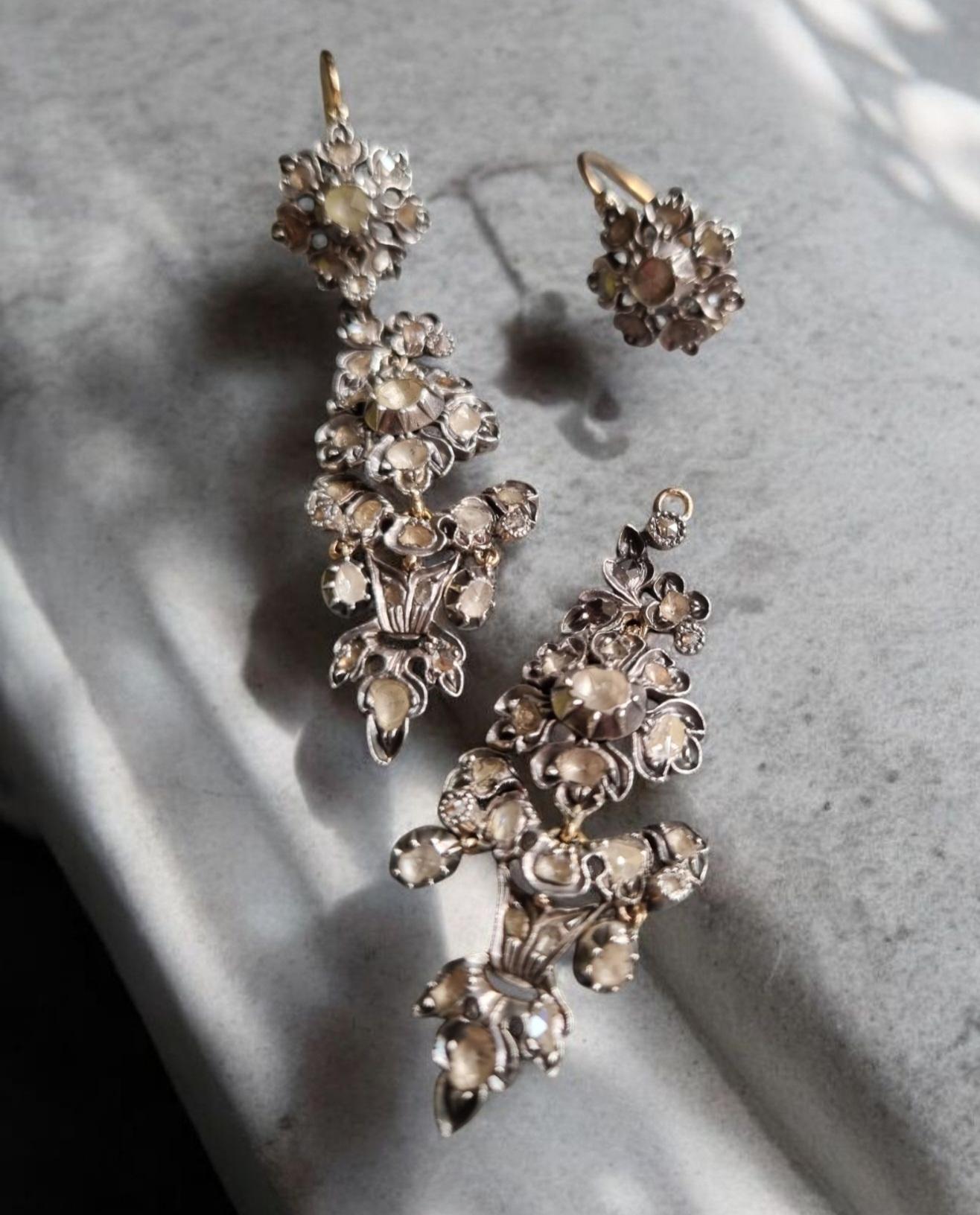 Antique Iberian Day & Night  Rose Cut Diamond Herring Chandelier Earrings. For Sale 2