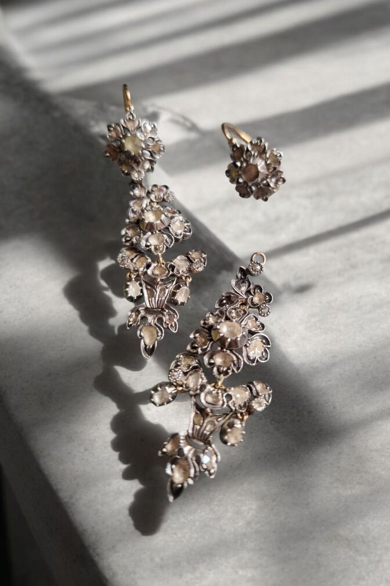 Antique Iberian Day & Night  Rose Cut Diamond Herring Chandelier Earrings. For Sale 3