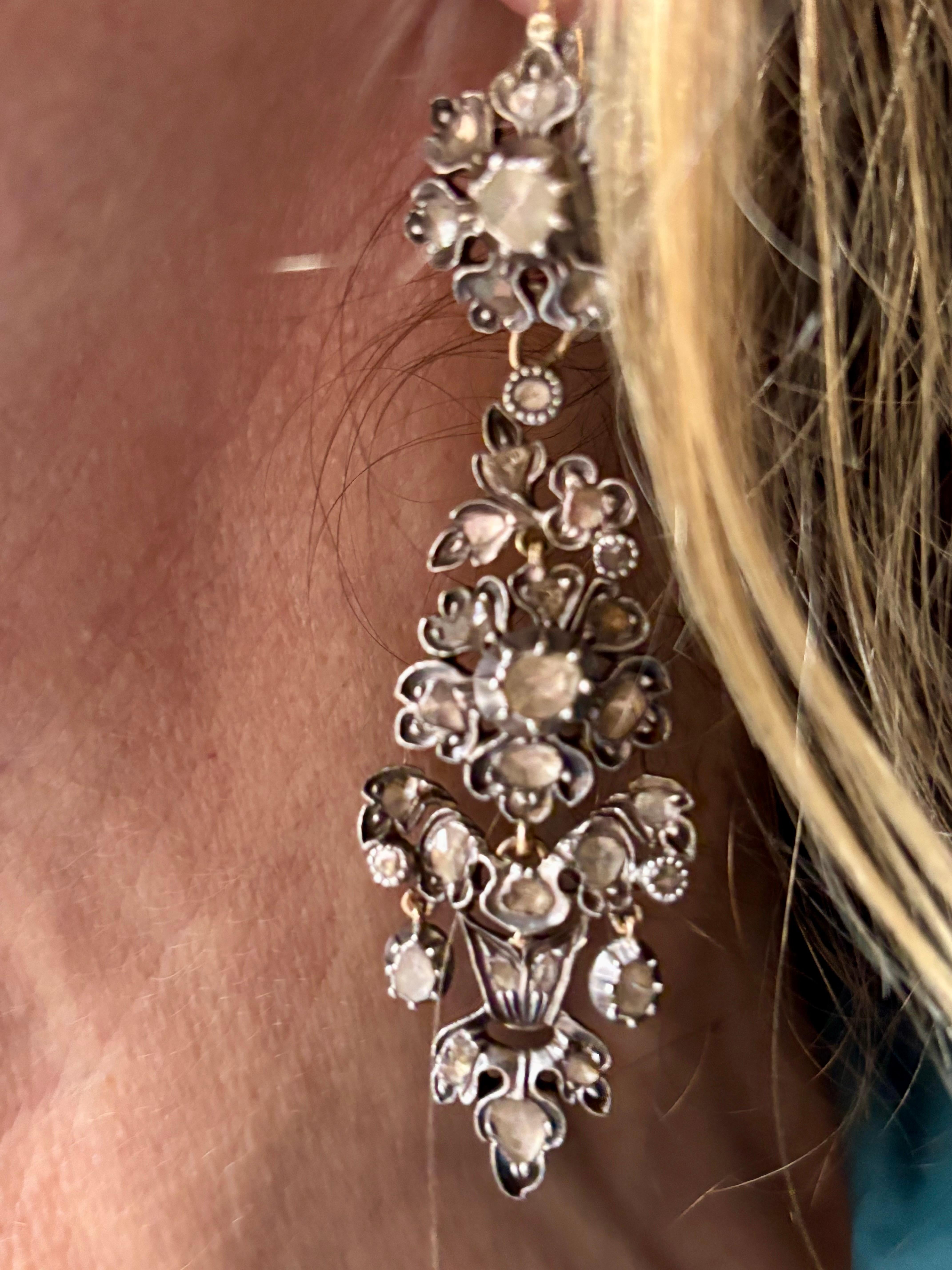 Antique Iberian Day & Night  Rose Cut Diamond Herring Chandelier Earrings. For Sale 4