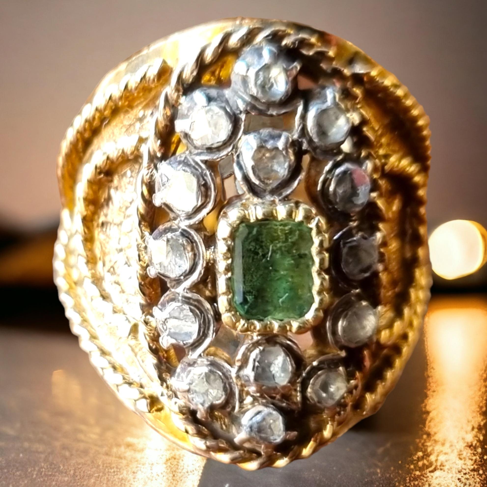 Square Cut Antique Iberian (Georgian) Emerald and Diamond Navette Shaped Ring 19th Century For Sale