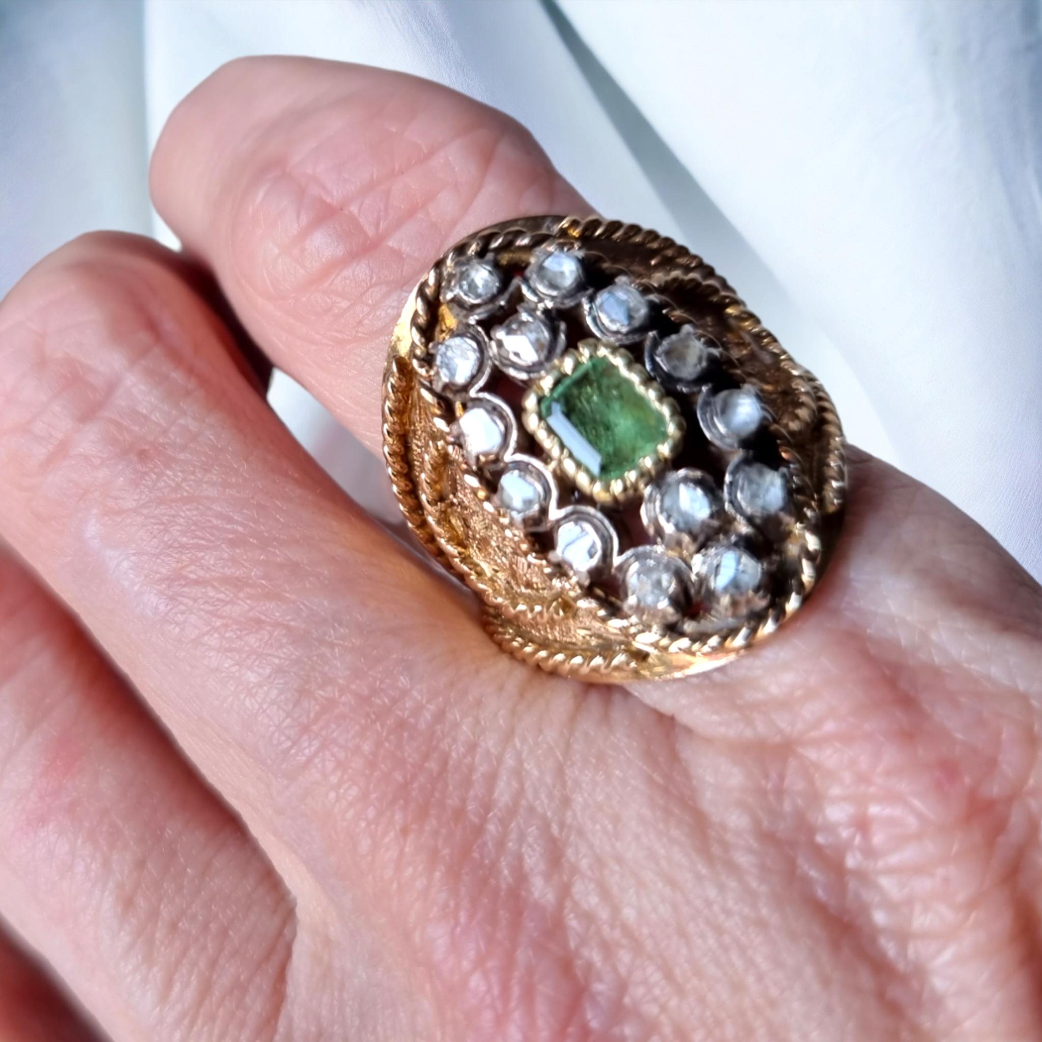 Women's or Men's Antique Iberian (Georgian) Emerald and Diamond Navette Shaped Ring 19th Century For Sale