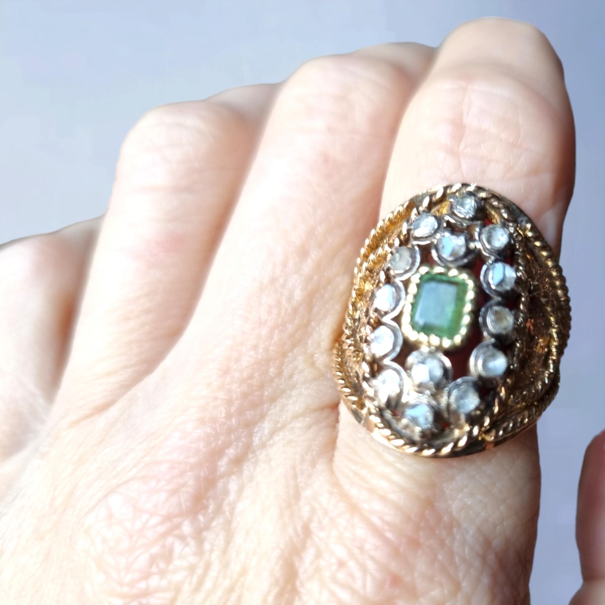 Antique Iberian (Georgian) Emerald and Diamond Navette Shaped Ring 19th Century For Sale 2