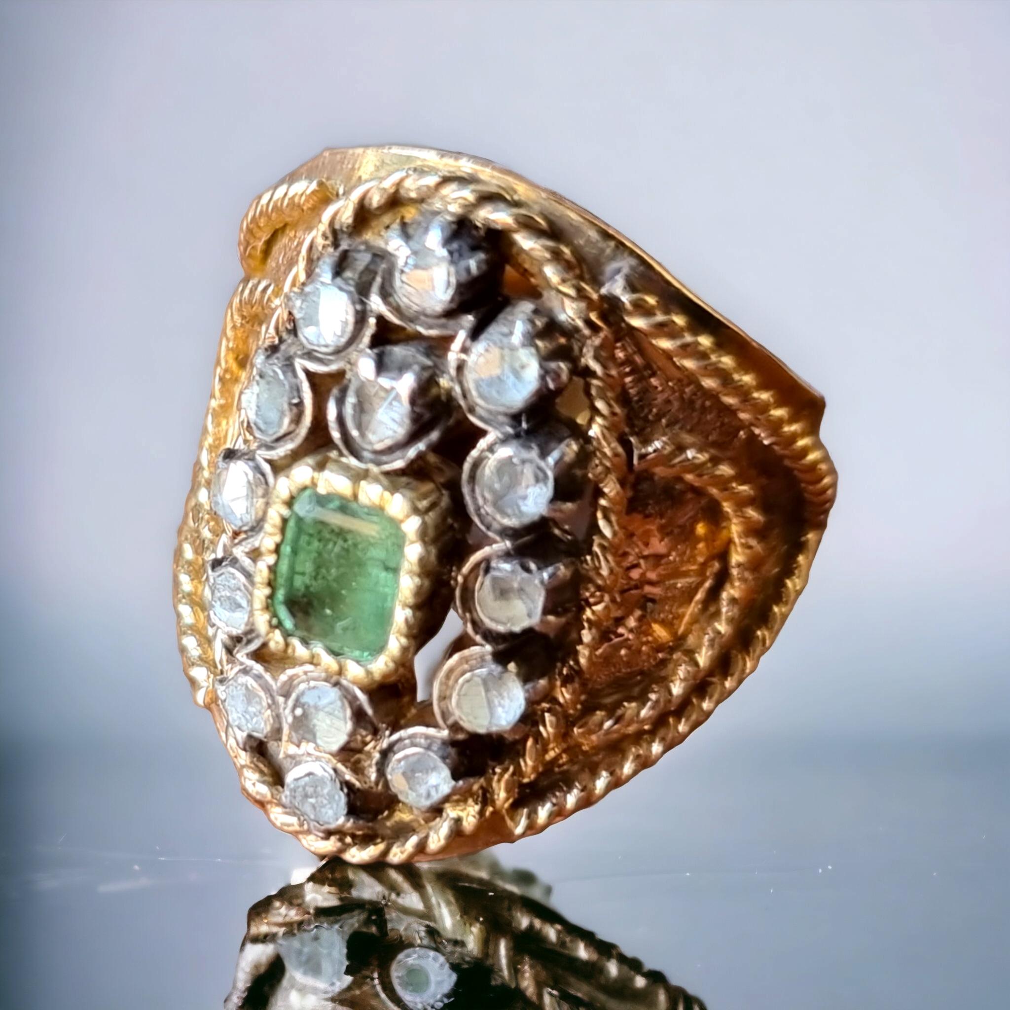 Antique Iberian (Georgian) Emerald and Diamond Navette Shaped Ring 19th Century For Sale 3