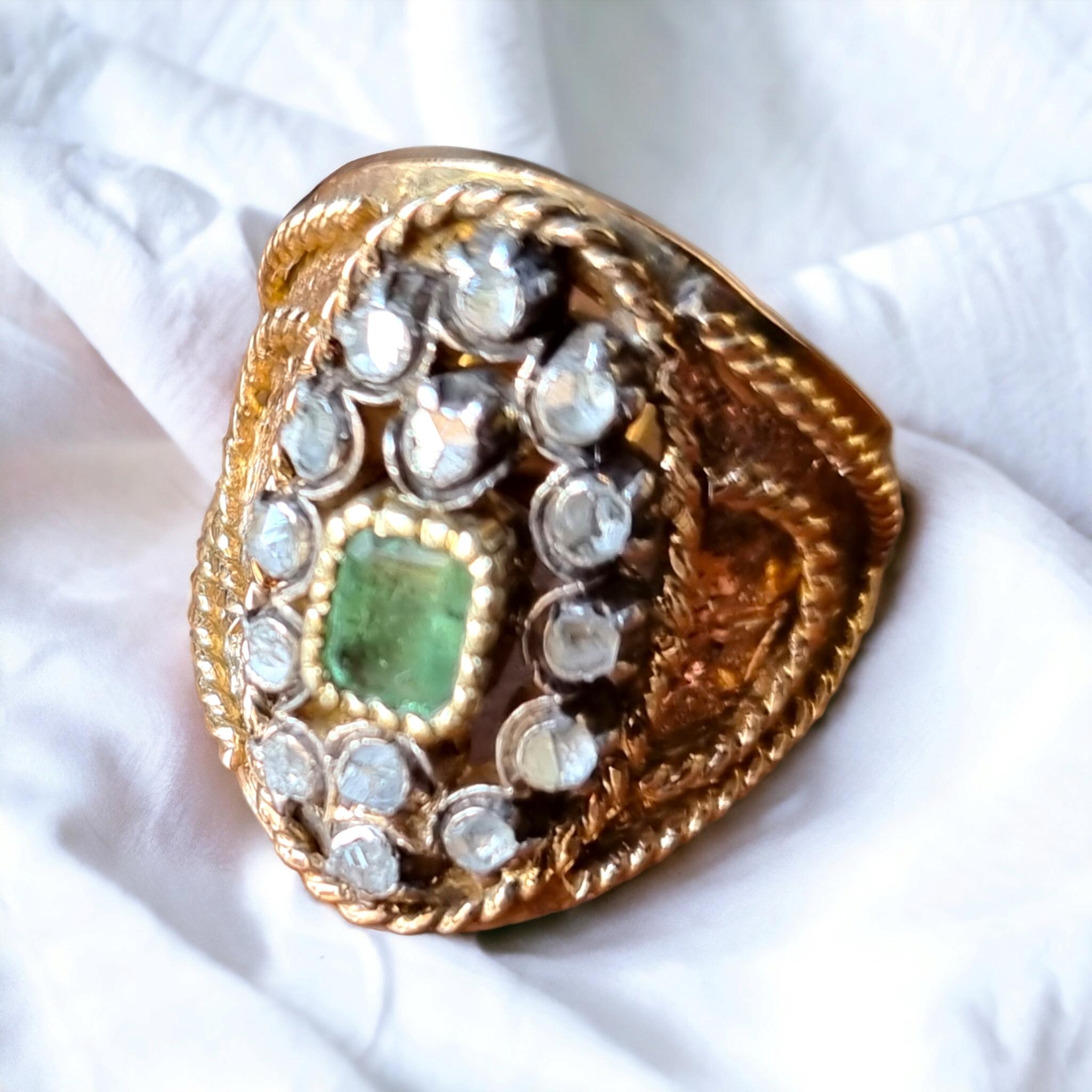 Antique Iberian (Georgian) Emerald and Diamond Navette Shaped Ring 19th Century For Sale 4