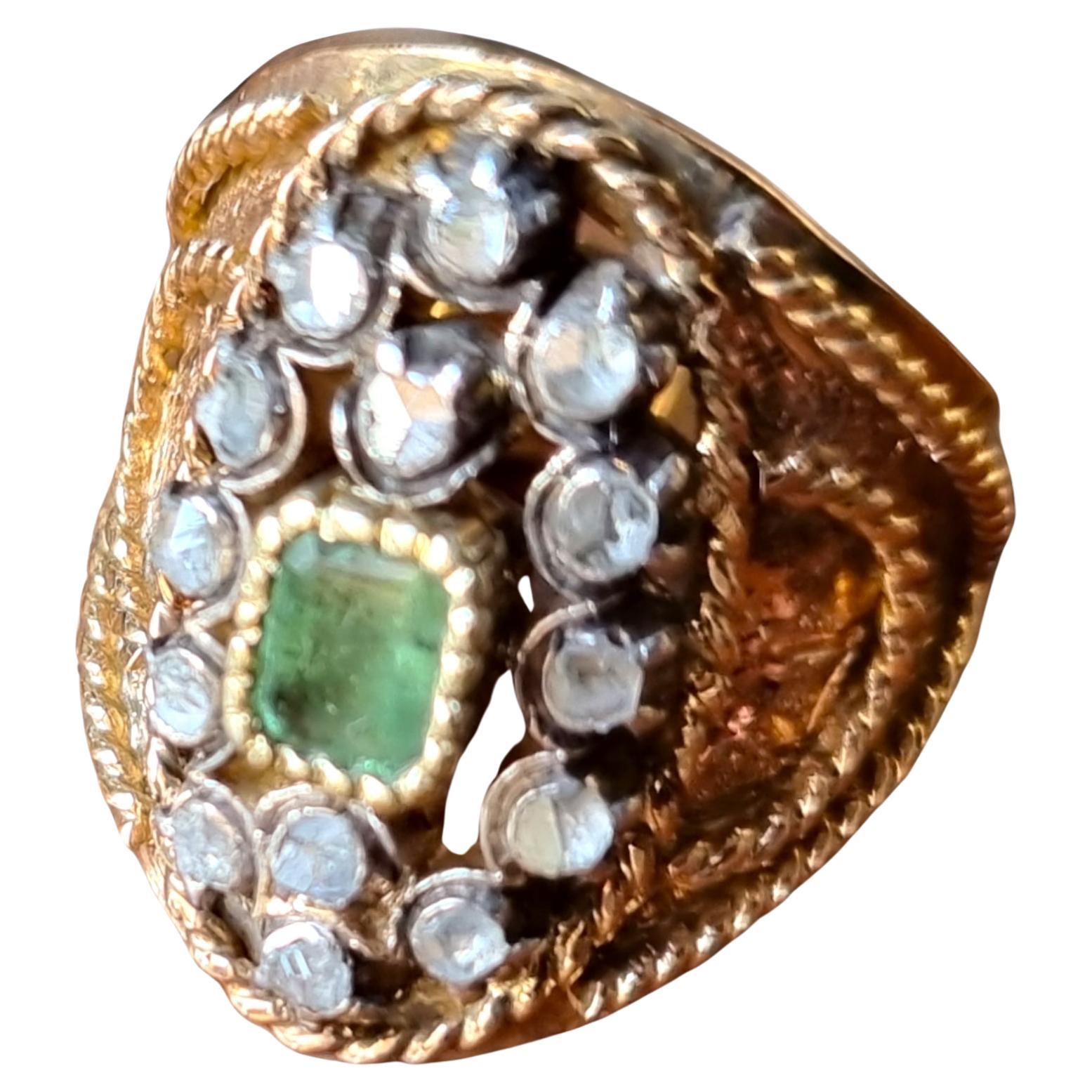 Antique Iberian (Georgian) Emerald and Diamond Navette Shaped Ring 19th Century For Sale