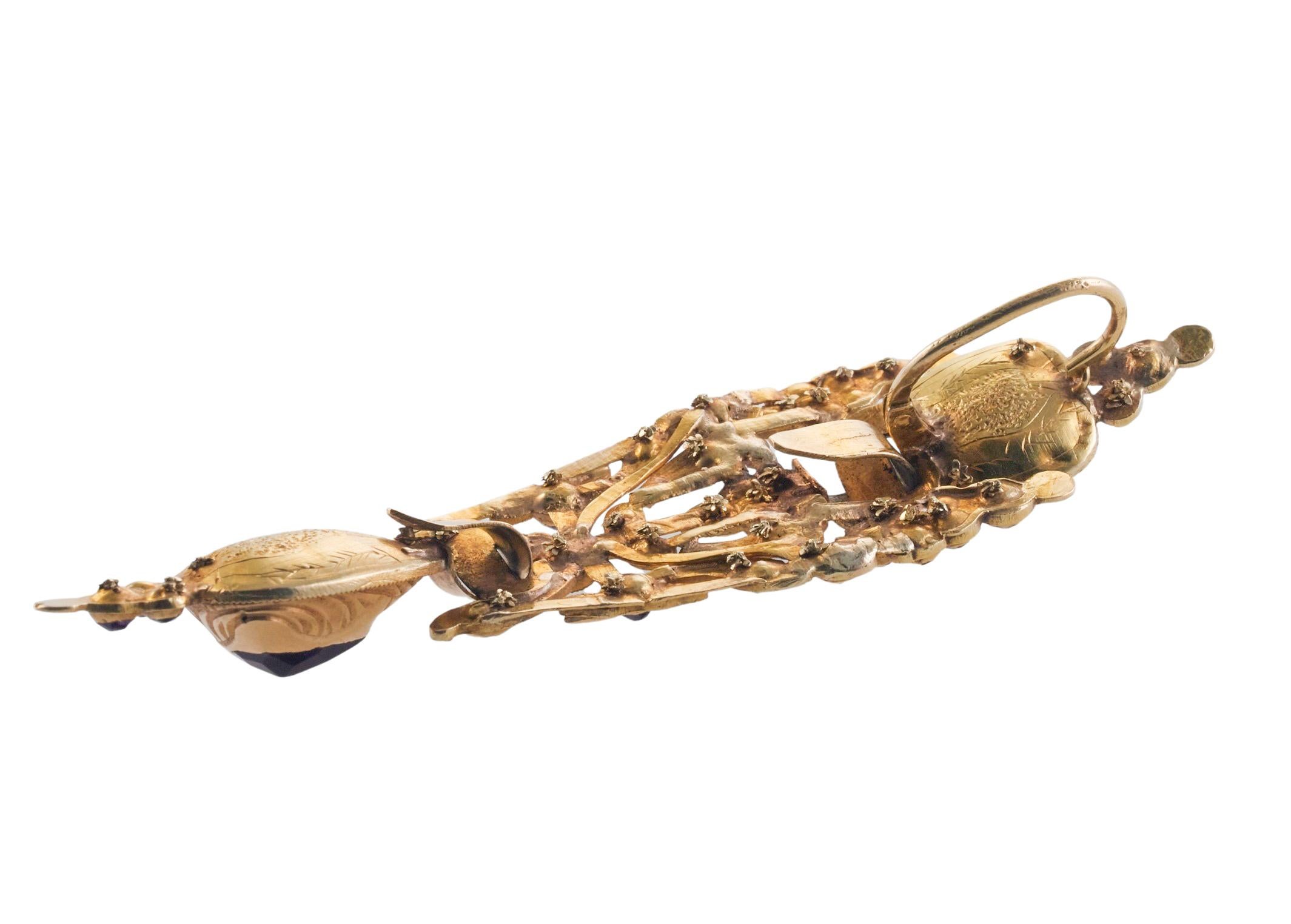 Women's Antique Iberian Gold Amethyst Long Drop Earrings For Sale