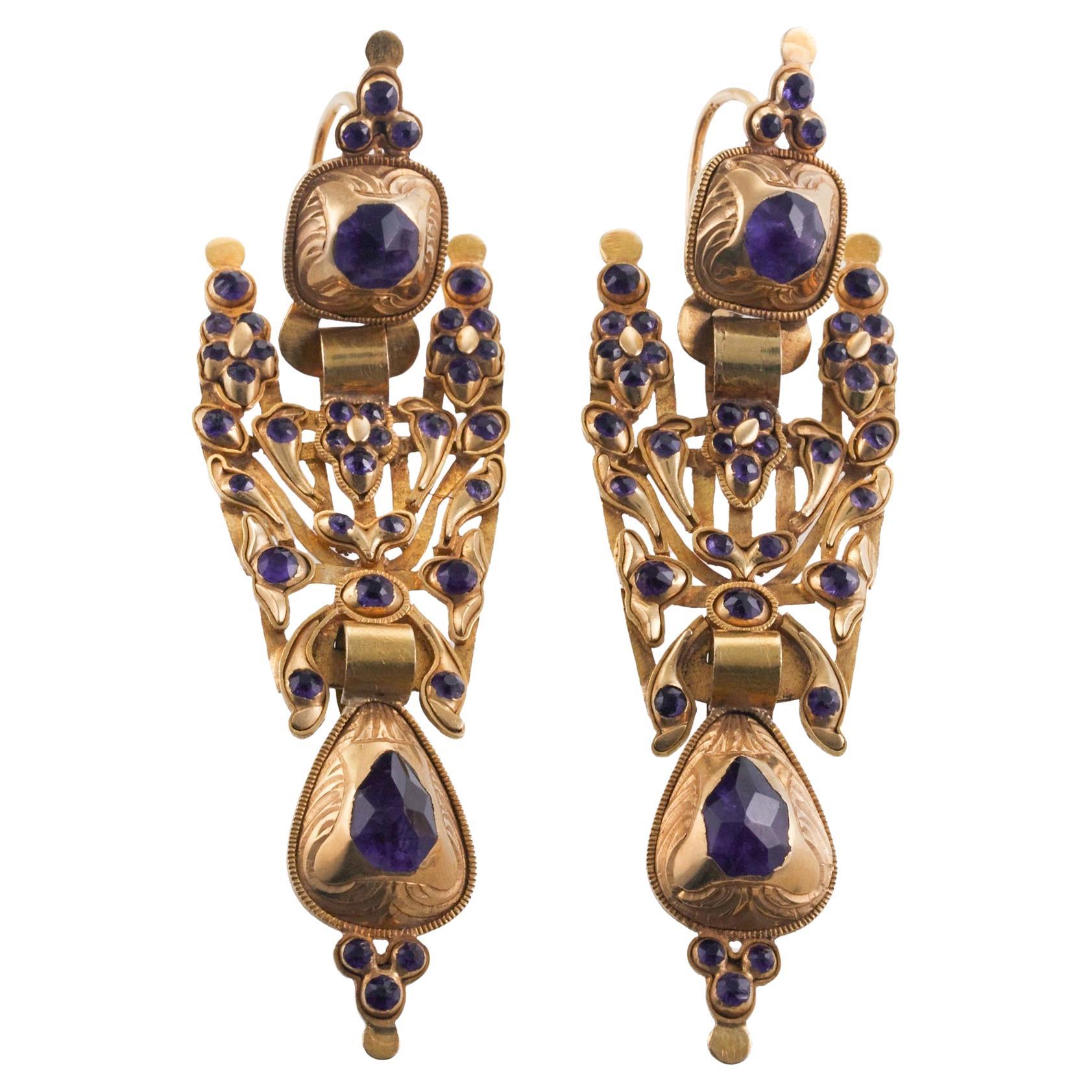 Antique Iberian Gold Amethyst Long Drop Earrings For Sale