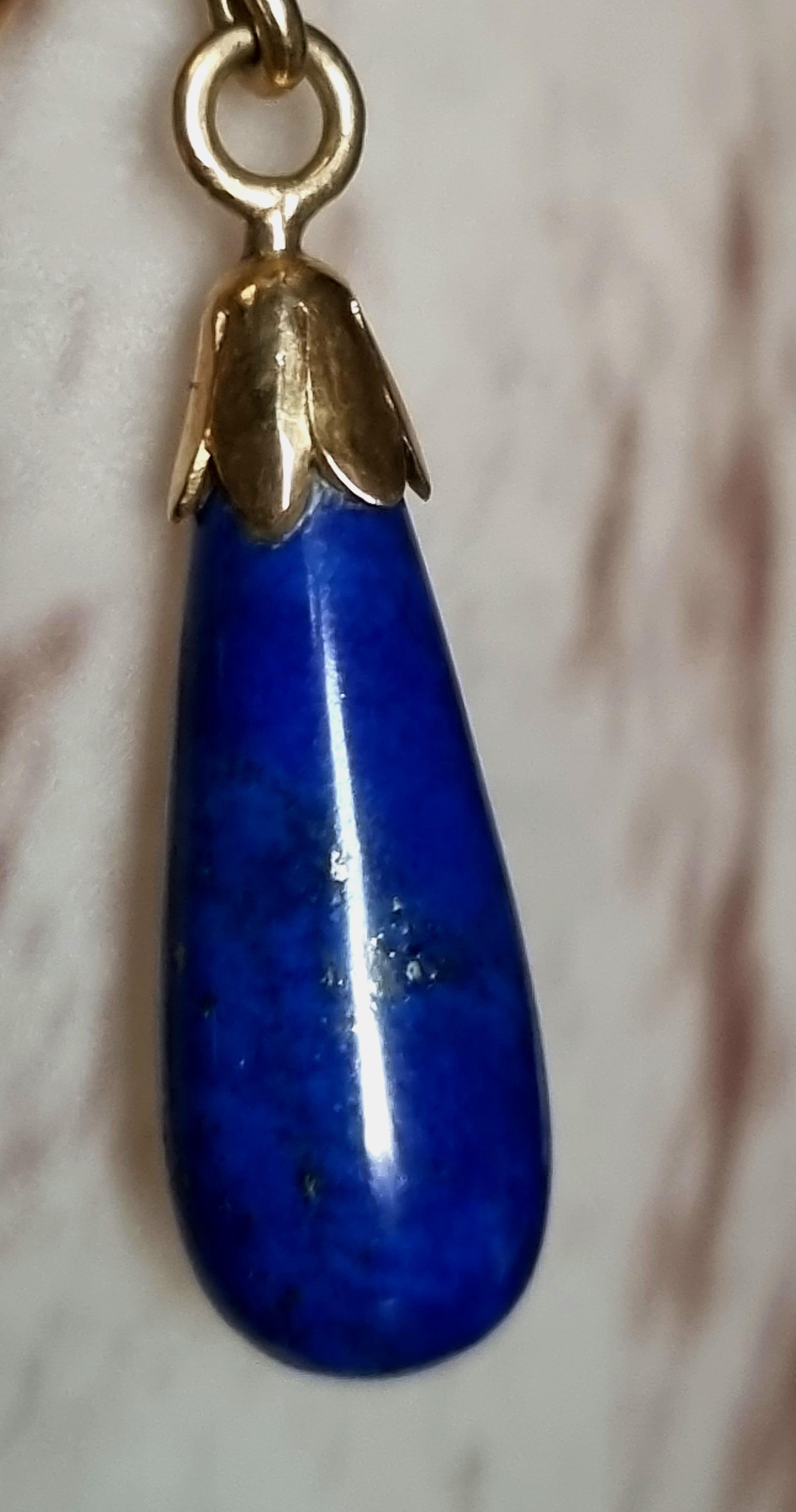 Antique Iberian Lapis Lazuli & Seed Pearls 18 Karat Gold Pendant Bow Earrings For Sale 8