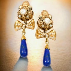 Antique Iberian Lapis Lazuli & Seed Pearls 18 Karat Gold Pendant Bow Earrings