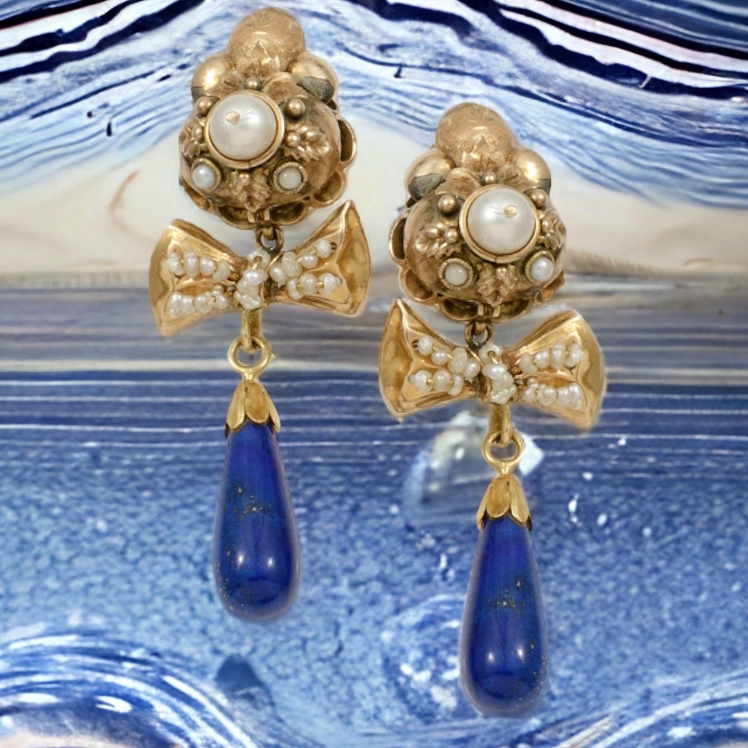 Cabochon Antique Iberian Lapis Lazuli & Seed Pearls 18 Karat Gold Pendant Bow Earrings For Sale