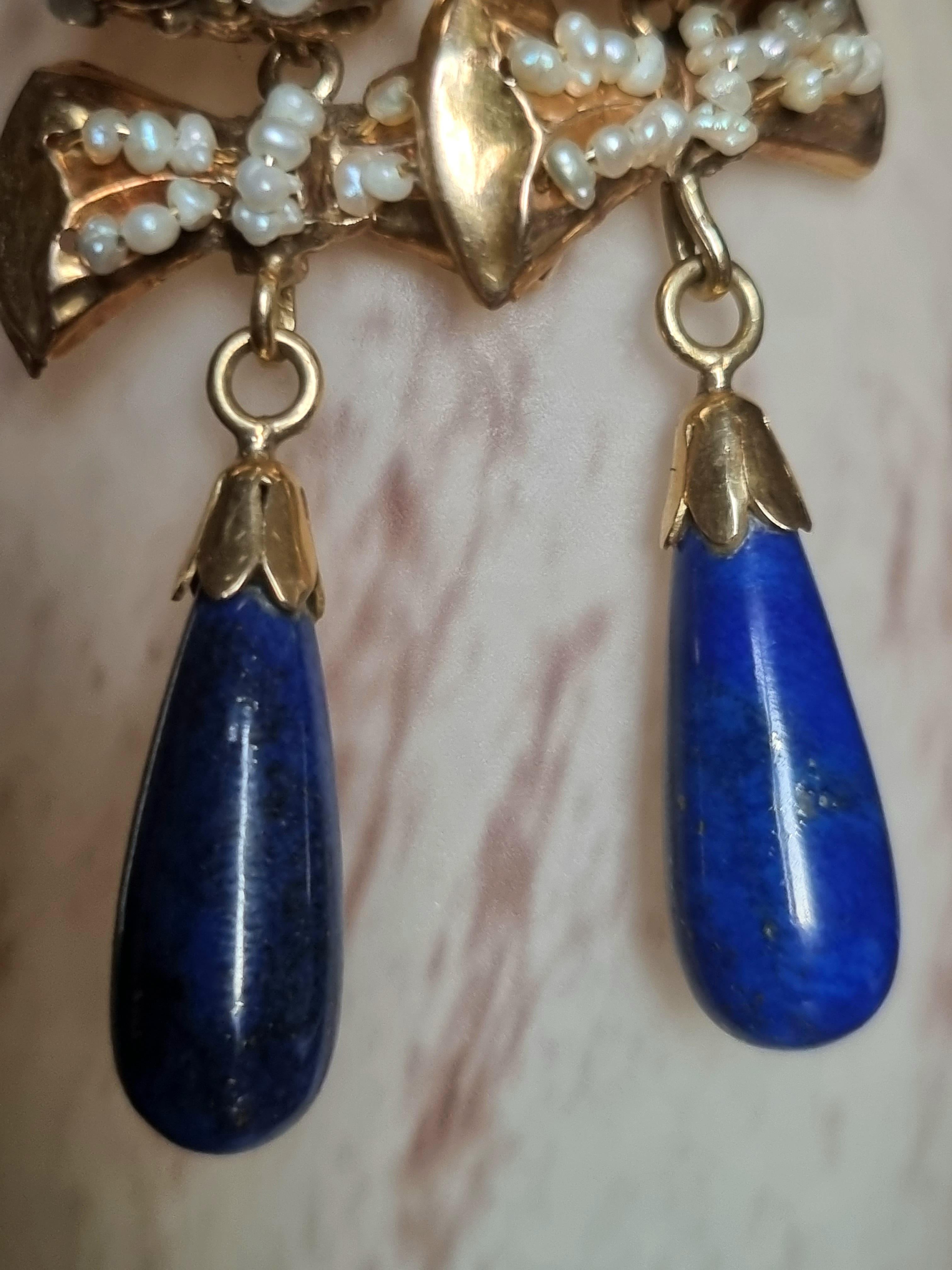 Cabochon Antique Iberian Lapis Lazuli & Seed Pearls 18 Karat Gold Pendant Bow Earrings For Sale