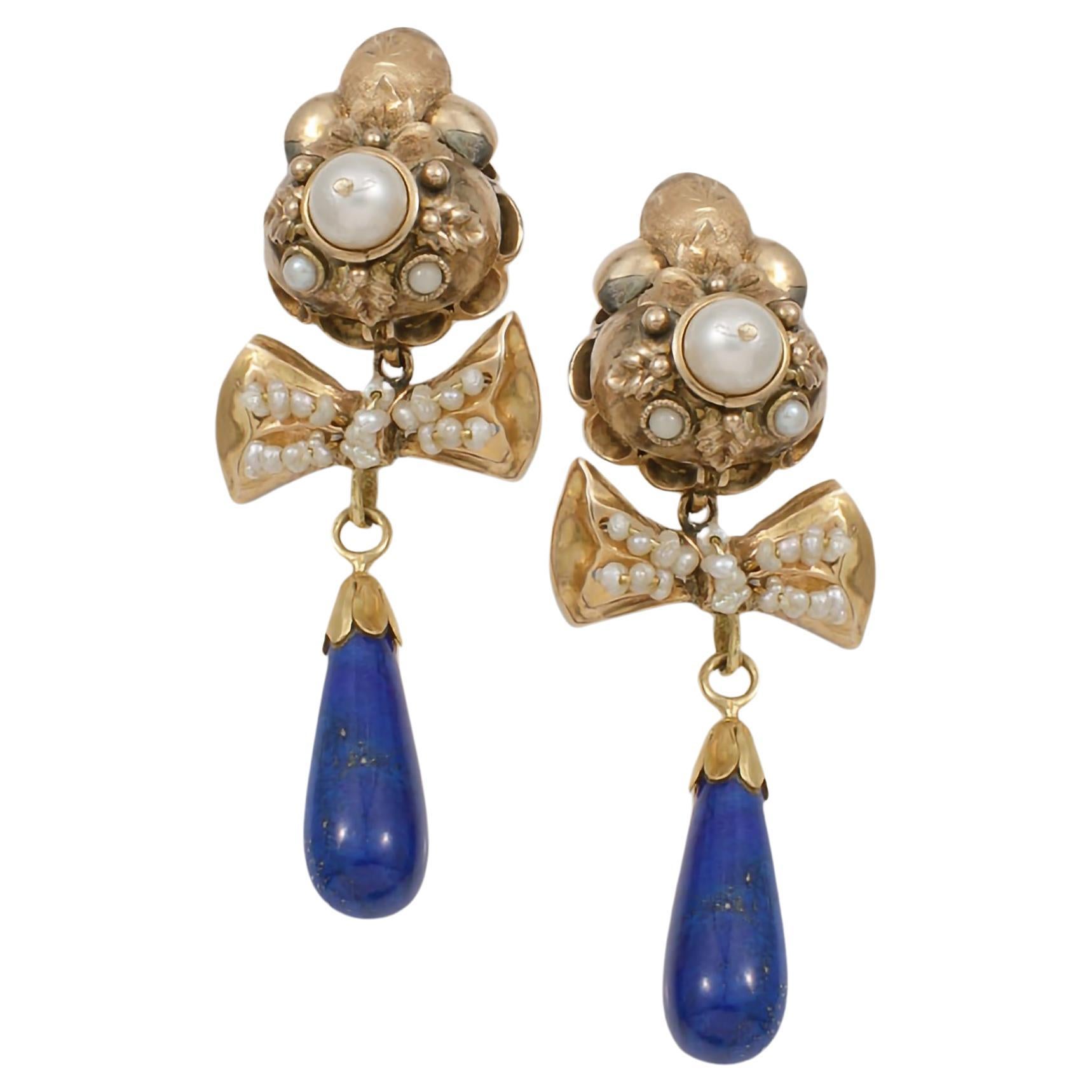 Antique Iberian Lapis Lazuli & Seed Pearls 18 Karat Gold Pendant Bow Earrings For Sale