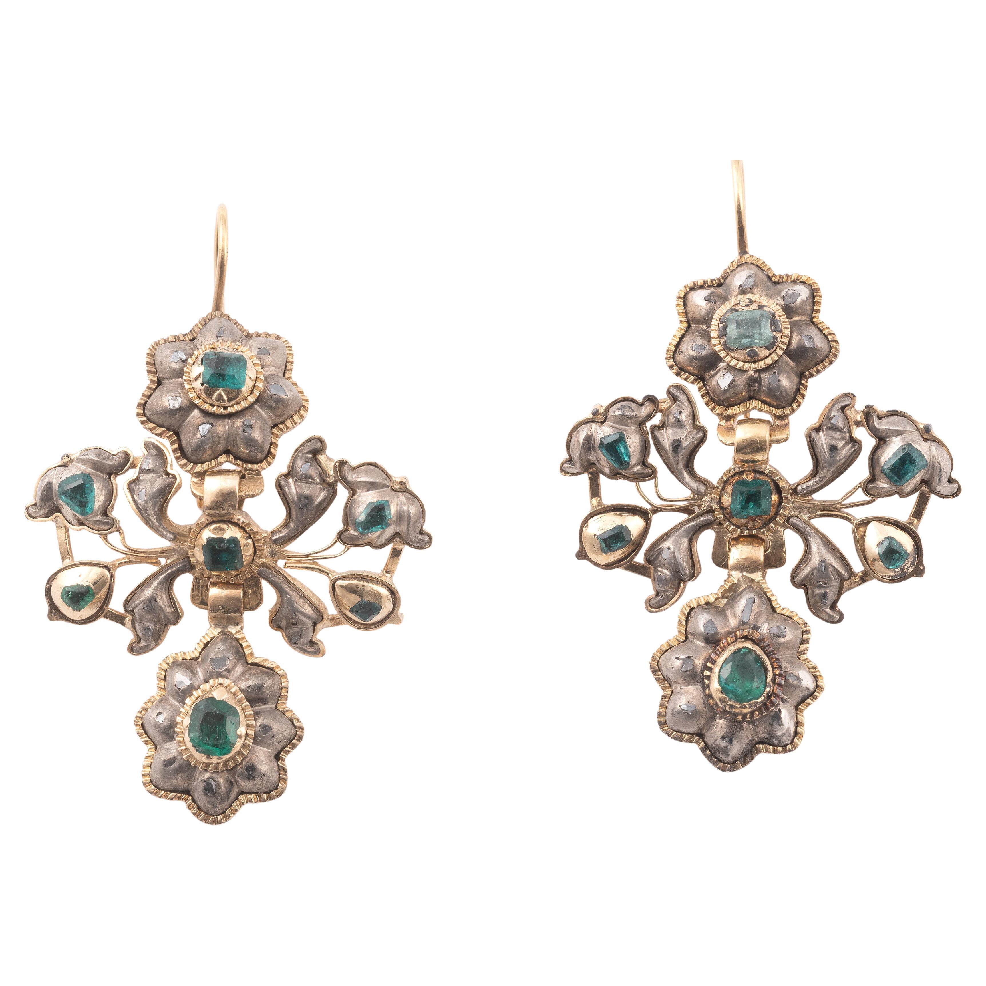 Georgian Antique Iberian Of Diamond & Emerald Girandole Pendent Earrings 18th Century For Sale