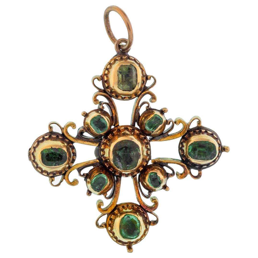 Antique Iberian Peninsula 18 Karat Yellow Gold and Emerald Cross Charm
