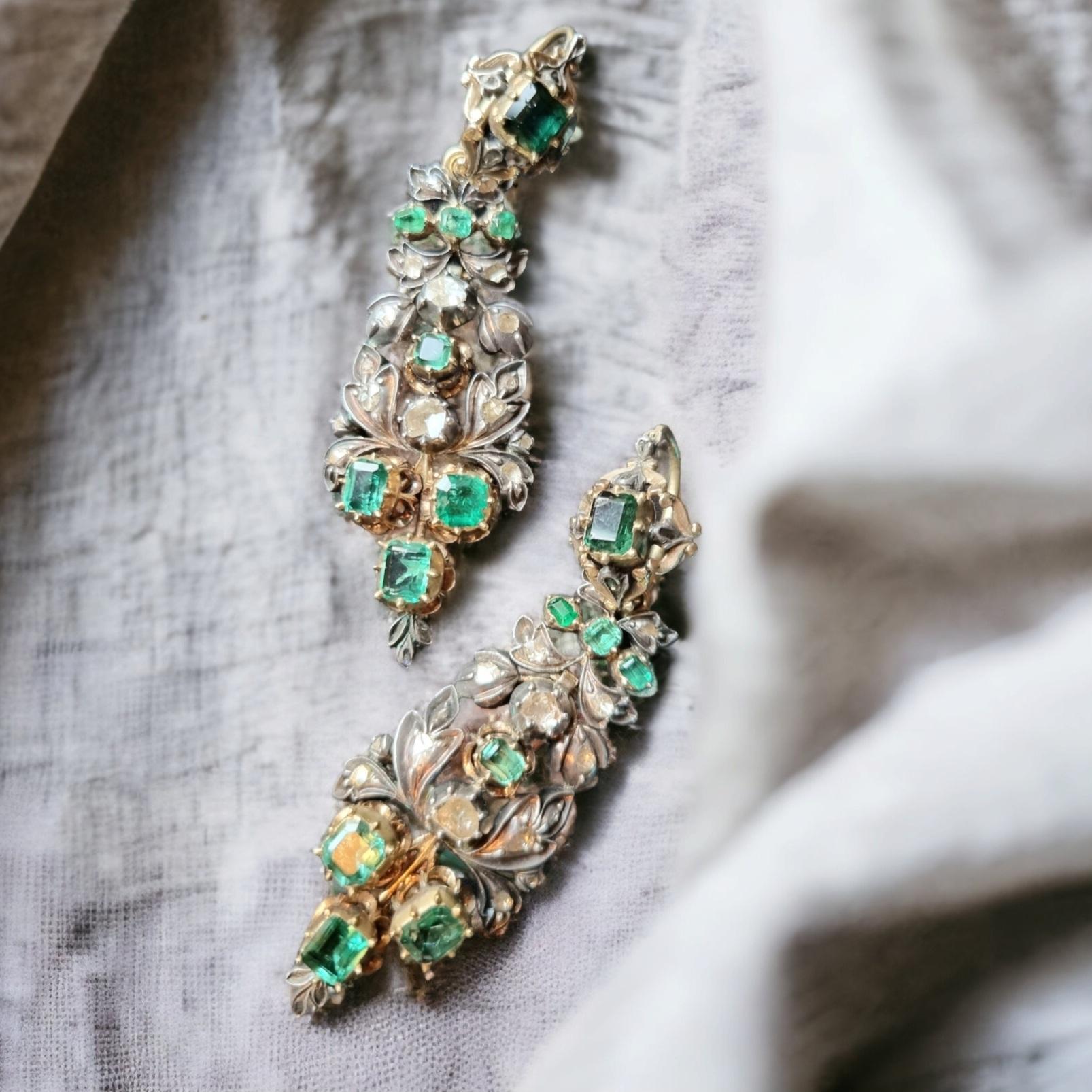 Antike iberische (spanische) kolumbianische Smaragd- und Diamant-Ohrringe aus dem späten 18. Jahrhundert  im Angebot 4