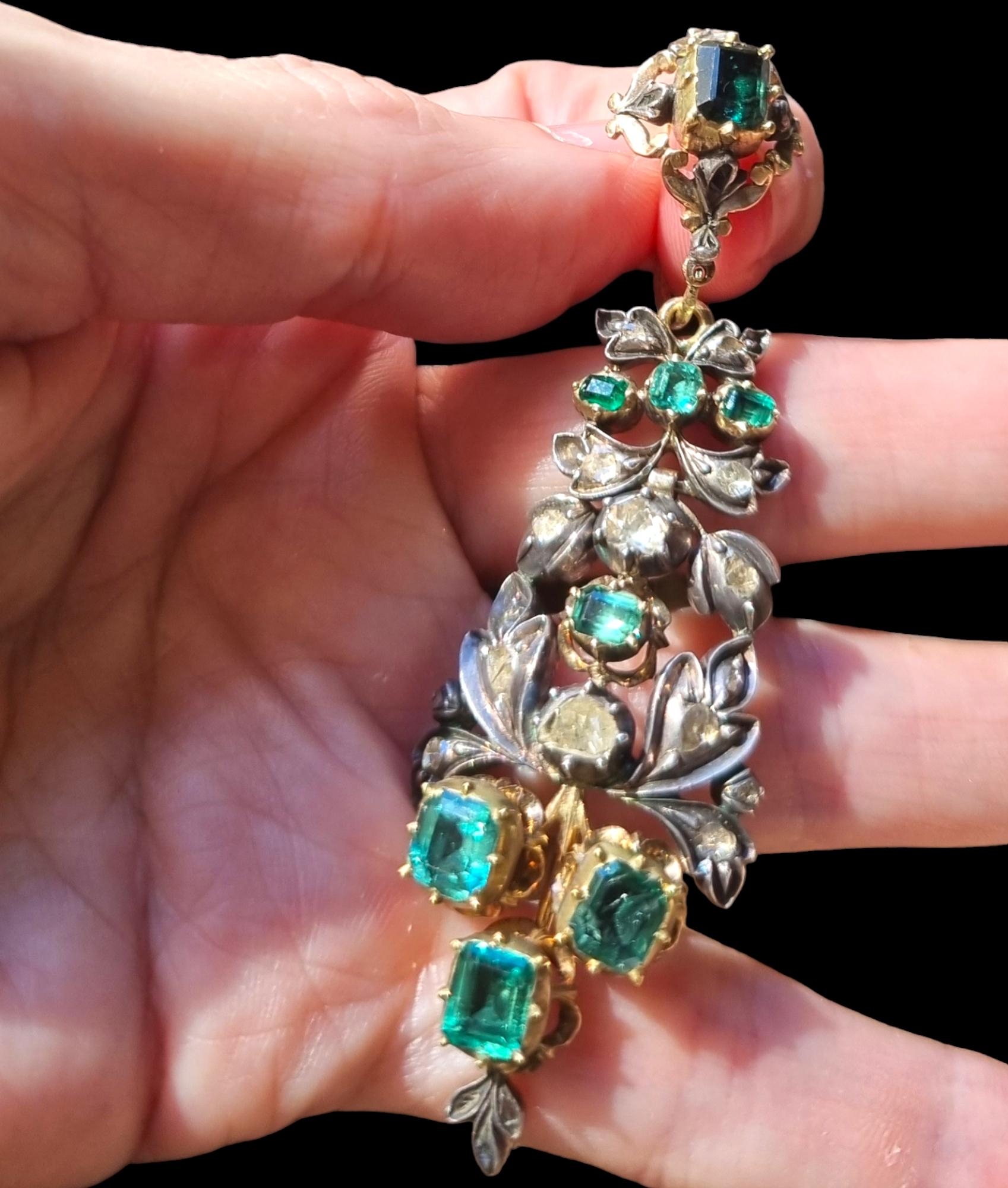 Antike iberische (spanische) kolumbianische Smaragd- und Diamant-Ohrringe aus dem späten 18. Jahrhundert  im Angebot 6