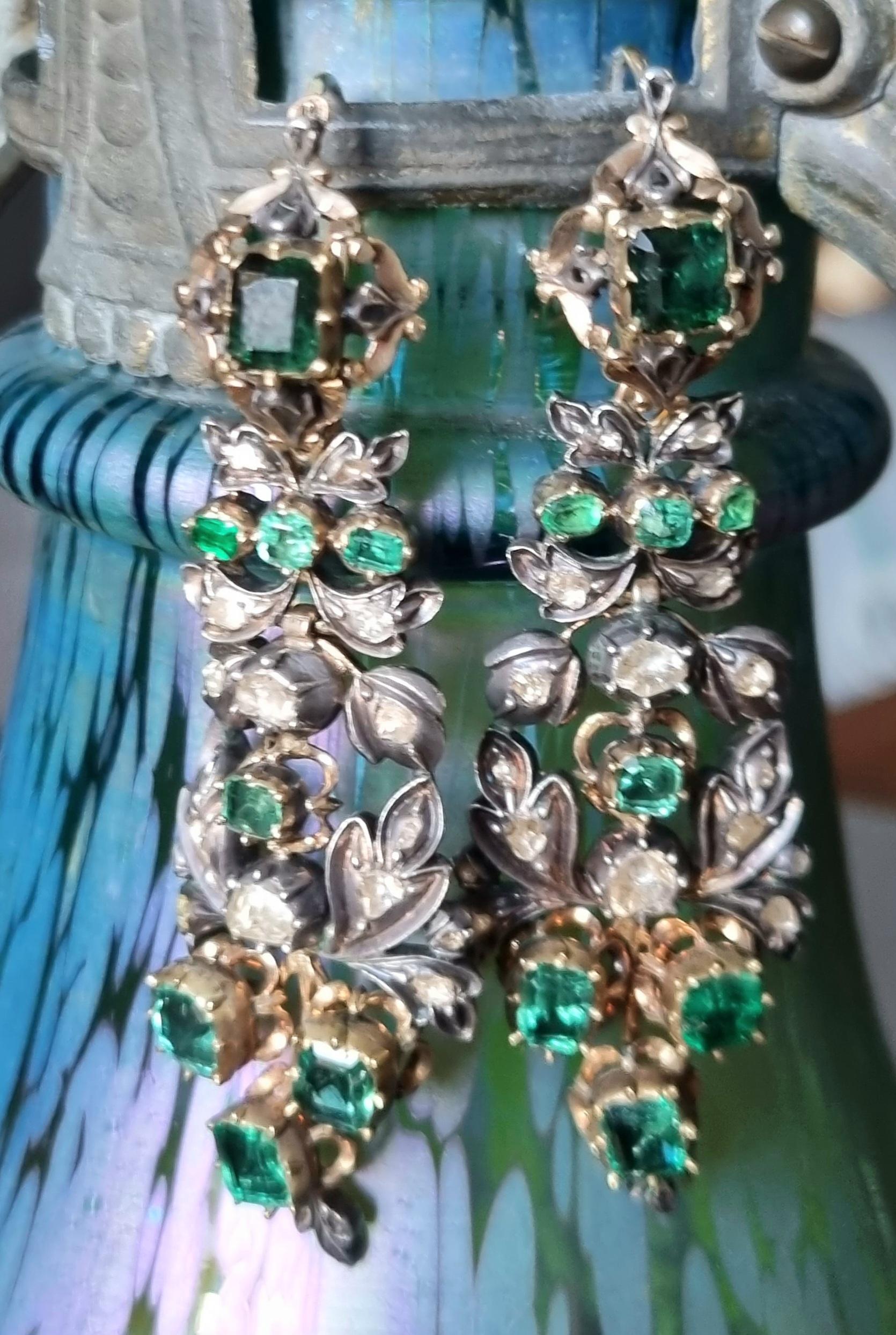 Antike iberische (spanische) kolumbianische Smaragd- und Diamant-Ohrringe aus dem späten 18. Jahrhundert  im Angebot 10
