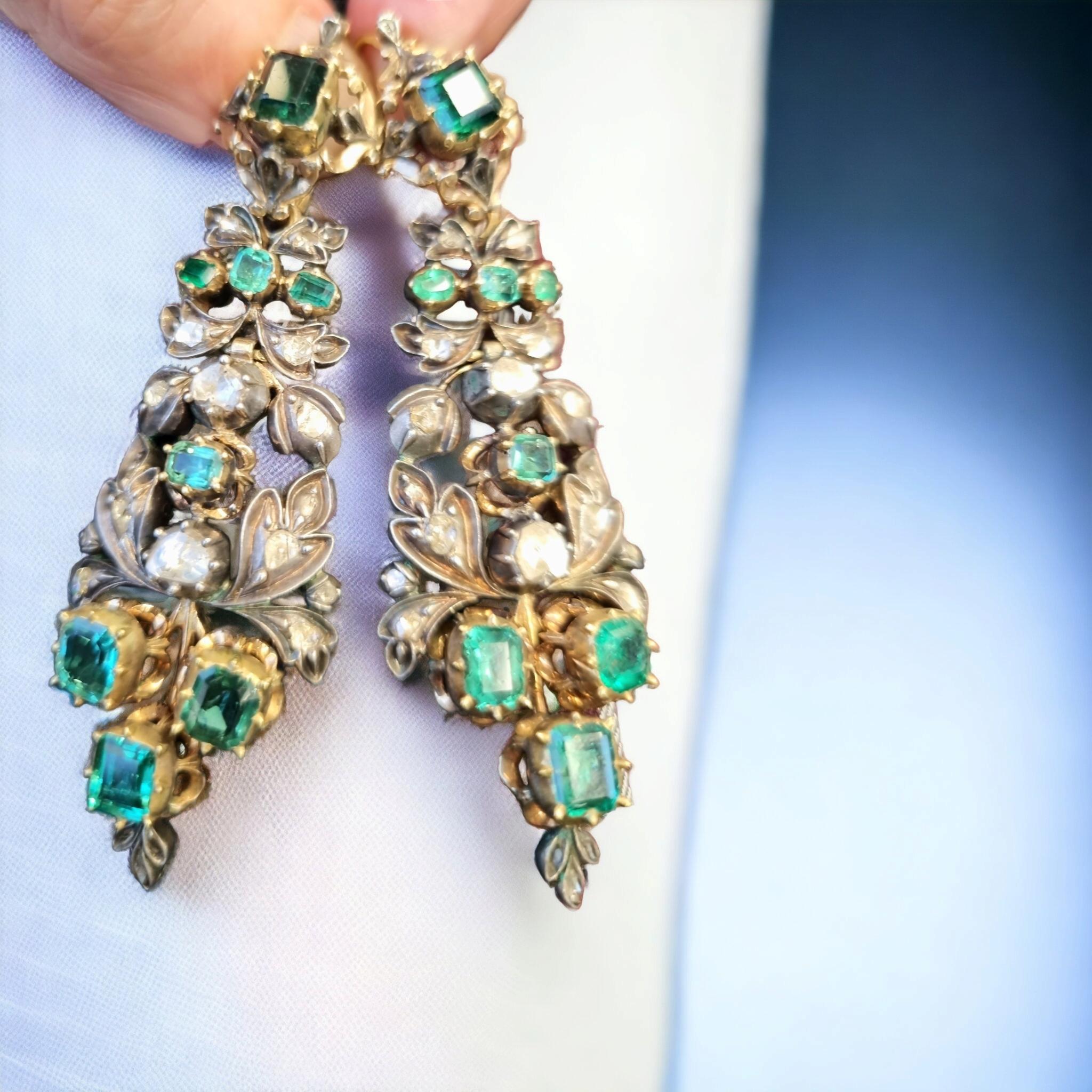 Boucles d'oreilles anciennes en émeraude colombienne et diamant de l'Ibérie (Espagne) fin 18ème siècle  en vente 12