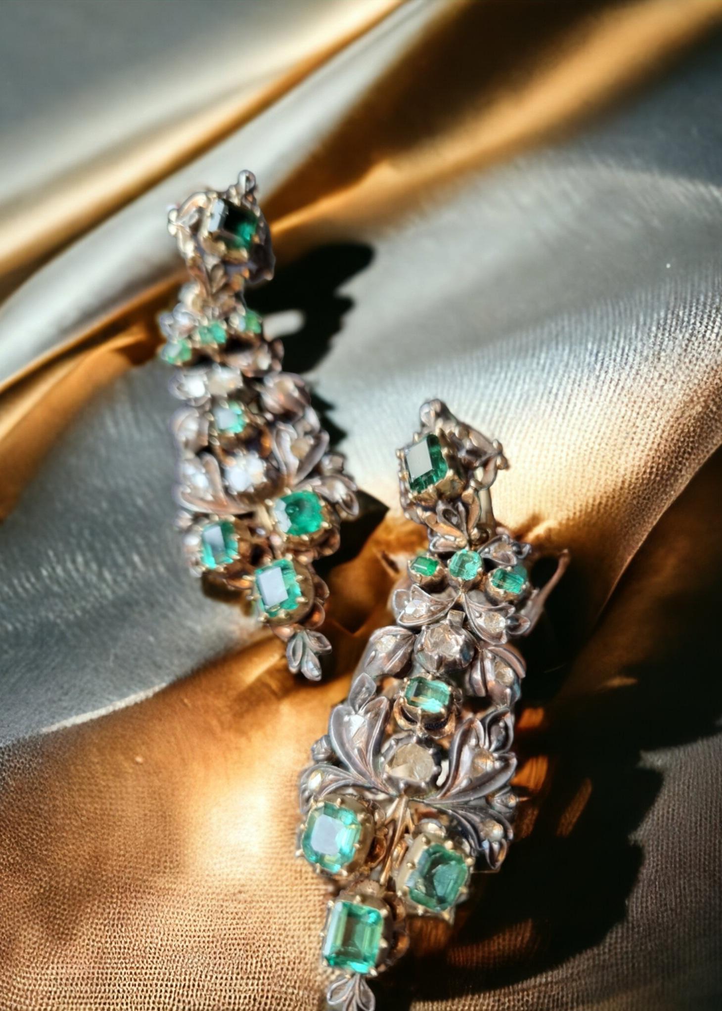 Emerald Cut Antique Iberian (Spain) Colombian Emerald & Diamond Earrings late 18th Century  For Sale