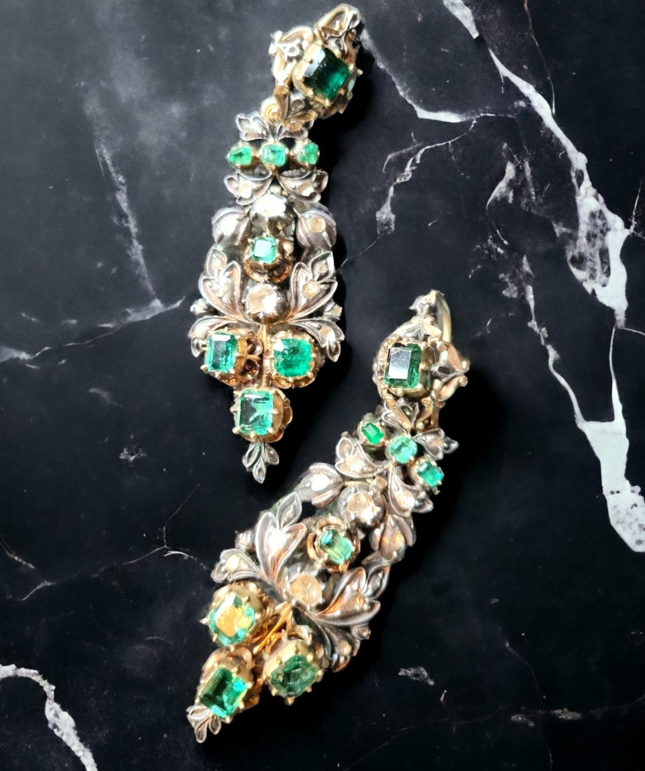 Antike iberische (spanische) kolumbianische Smaragd- und Diamant-Ohrringe aus dem späten 18. Jahrhundert  im Angebot 2