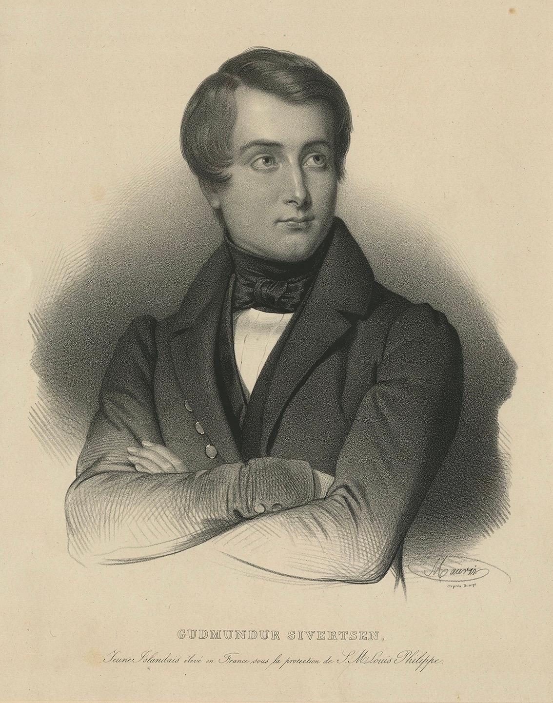 Retrato islandés antiguo - Gudmundur Sivertsen estudiando en Francia, 1842 en Bueno estado para la venta en Langweer, NL