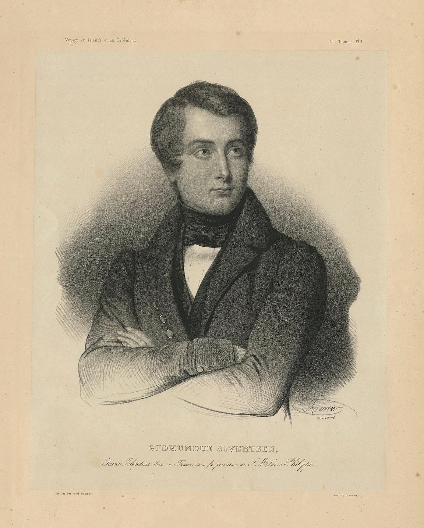 Retrato islandés antiguo - Gudmundur Sivertsen estudiando en Francia, 1842 siglo XIX en venta