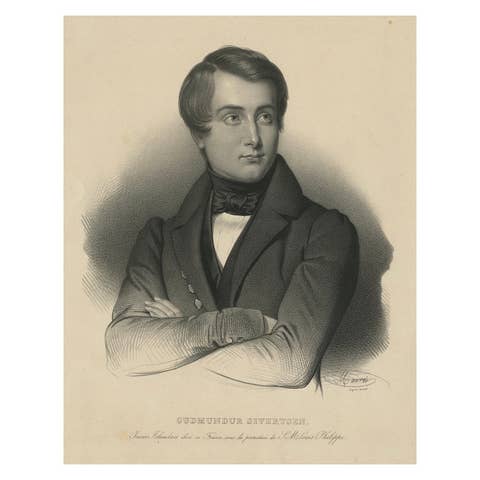 Antique Icelandic Portrait Print – Gudmundur Sivertsen Studying in France, 1842
