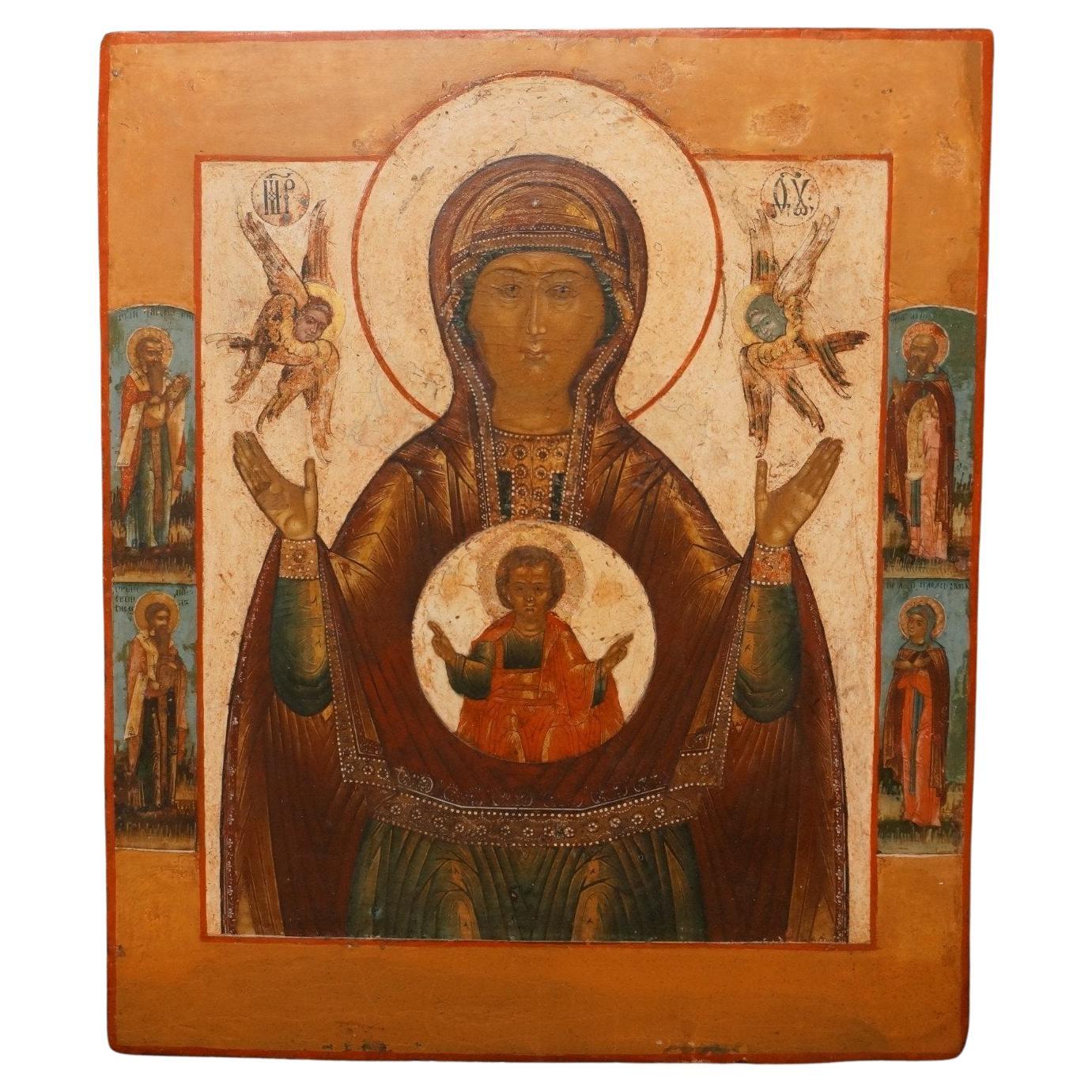 Antique icon depicting the Mother of God of the Sign, ca. 1800 For Sale