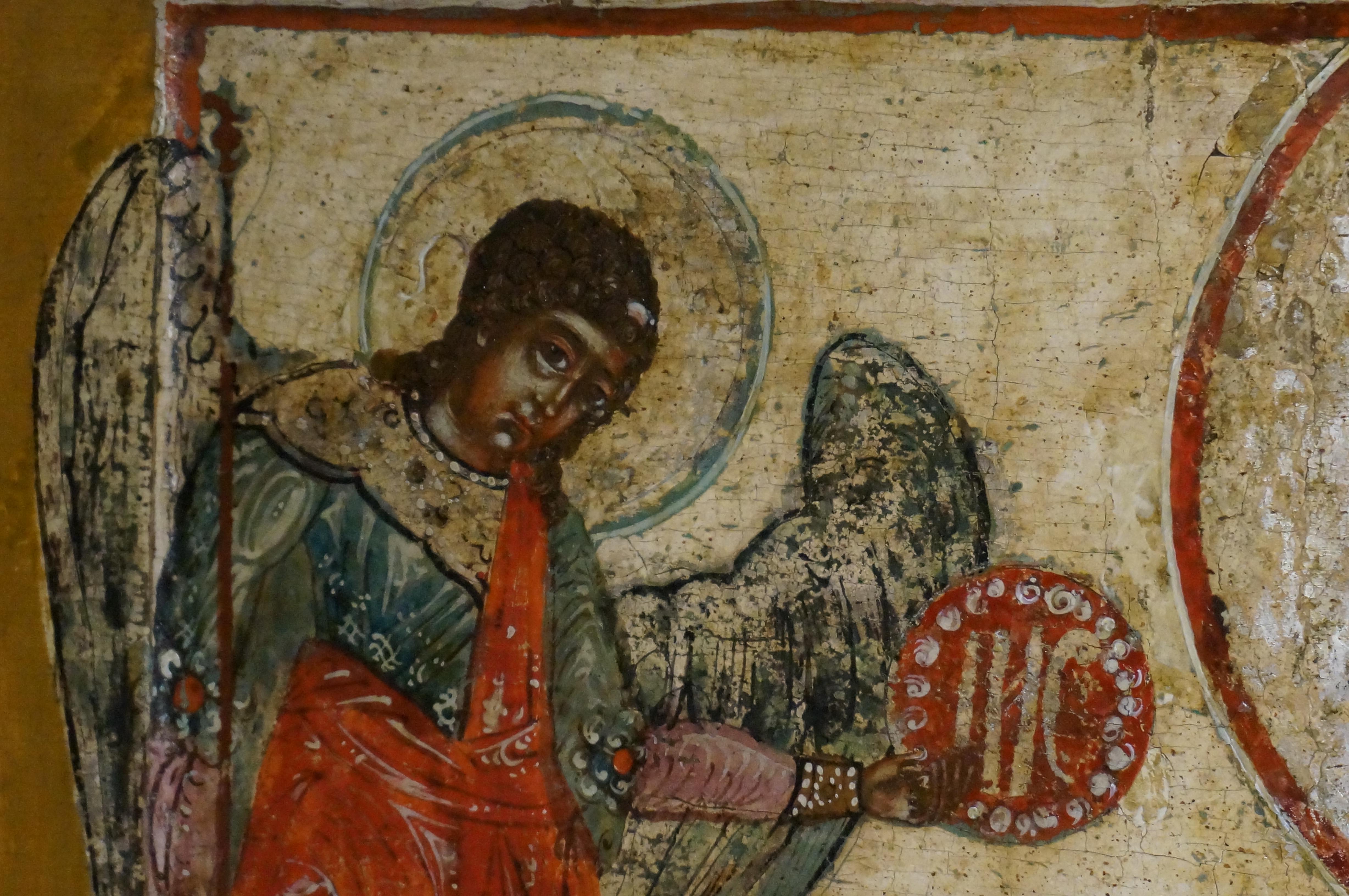 Antike Ikone Jaroslav mit der Darstellung der Mutter Gottes des Lebens, die einen Brunnen spendet, 17. (Russisch) im Angebot