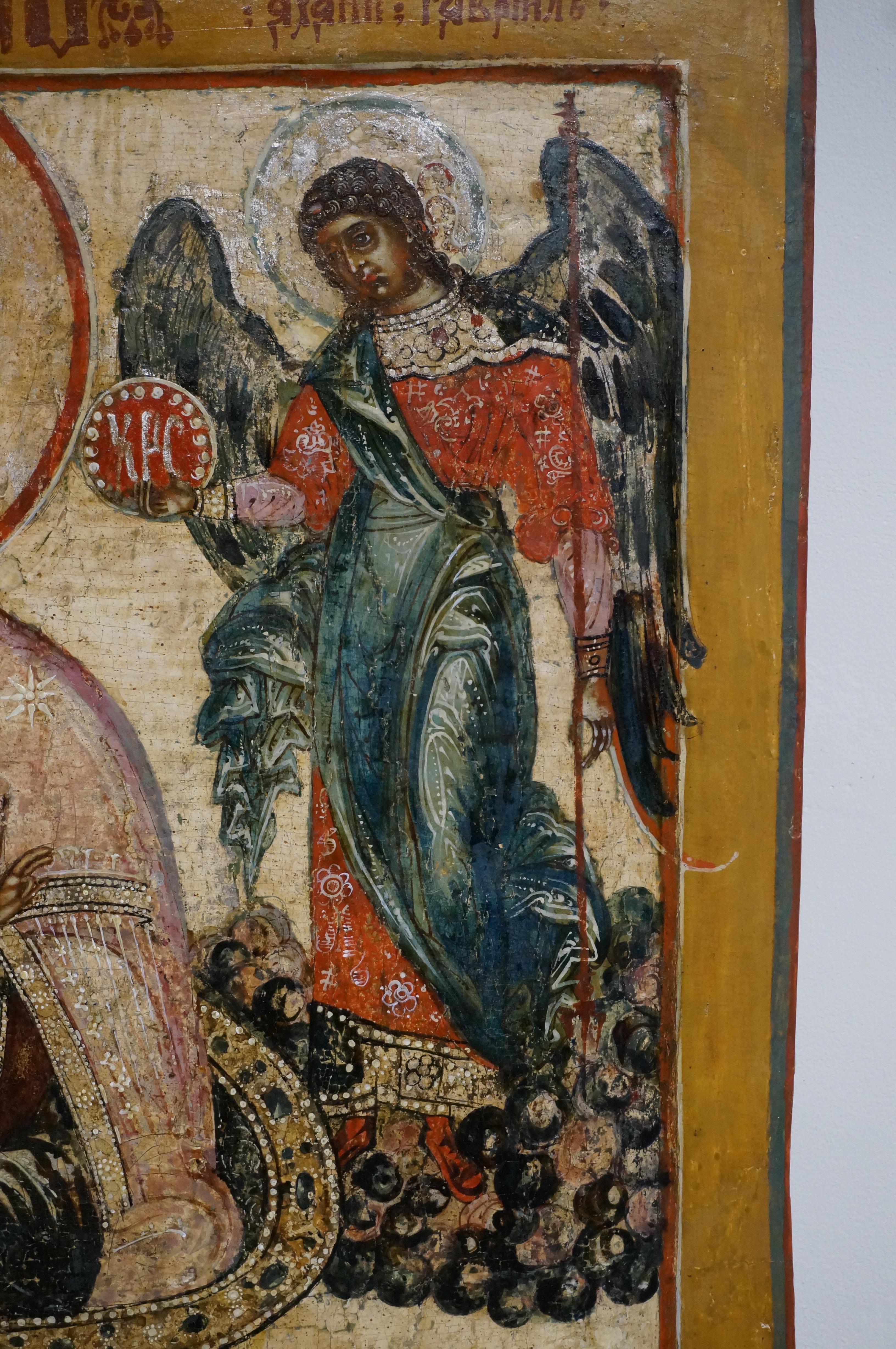 Antike Ikone Jaroslav mit der Darstellung der Mutter Gottes des Lebens, die einen Brunnen spendet, 17. (18. Jahrhundert und früher) im Angebot