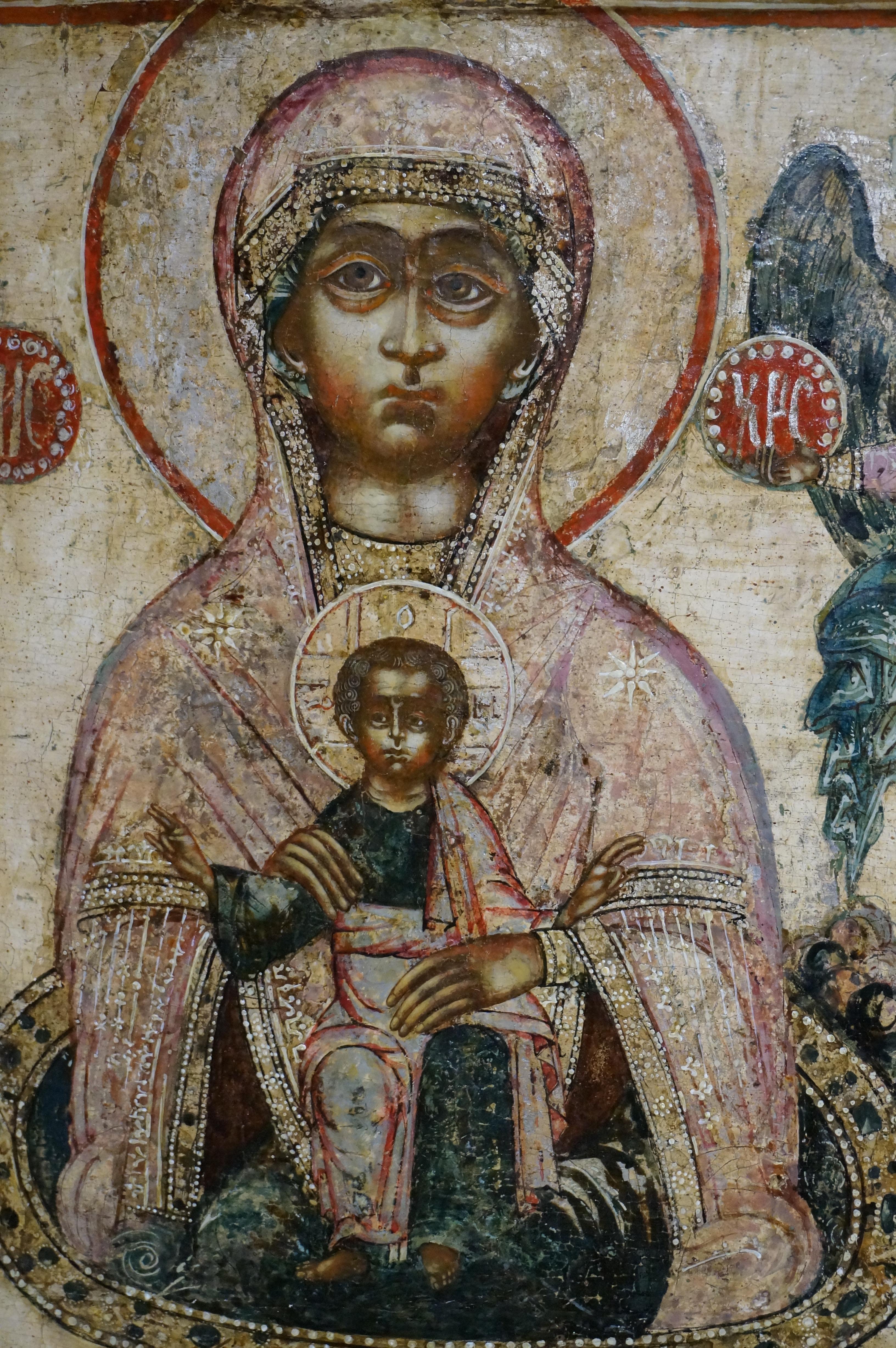 Antike Ikone Jaroslav mit der Darstellung der Mutter Gottes des Lebens, die einen Brunnen spendet, 17. (Holz) im Angebot