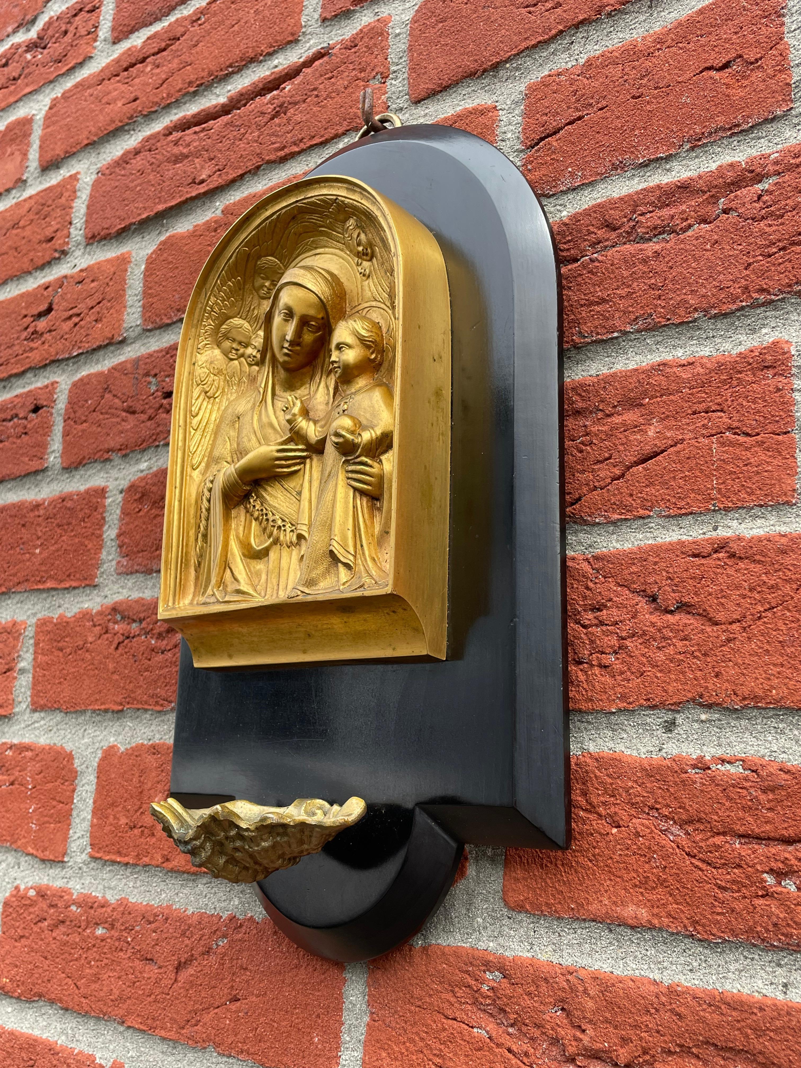 Antique Icon like Gilt Bronze Mary and Child Jesus Plaque over a Holy Water Font For Sale 5