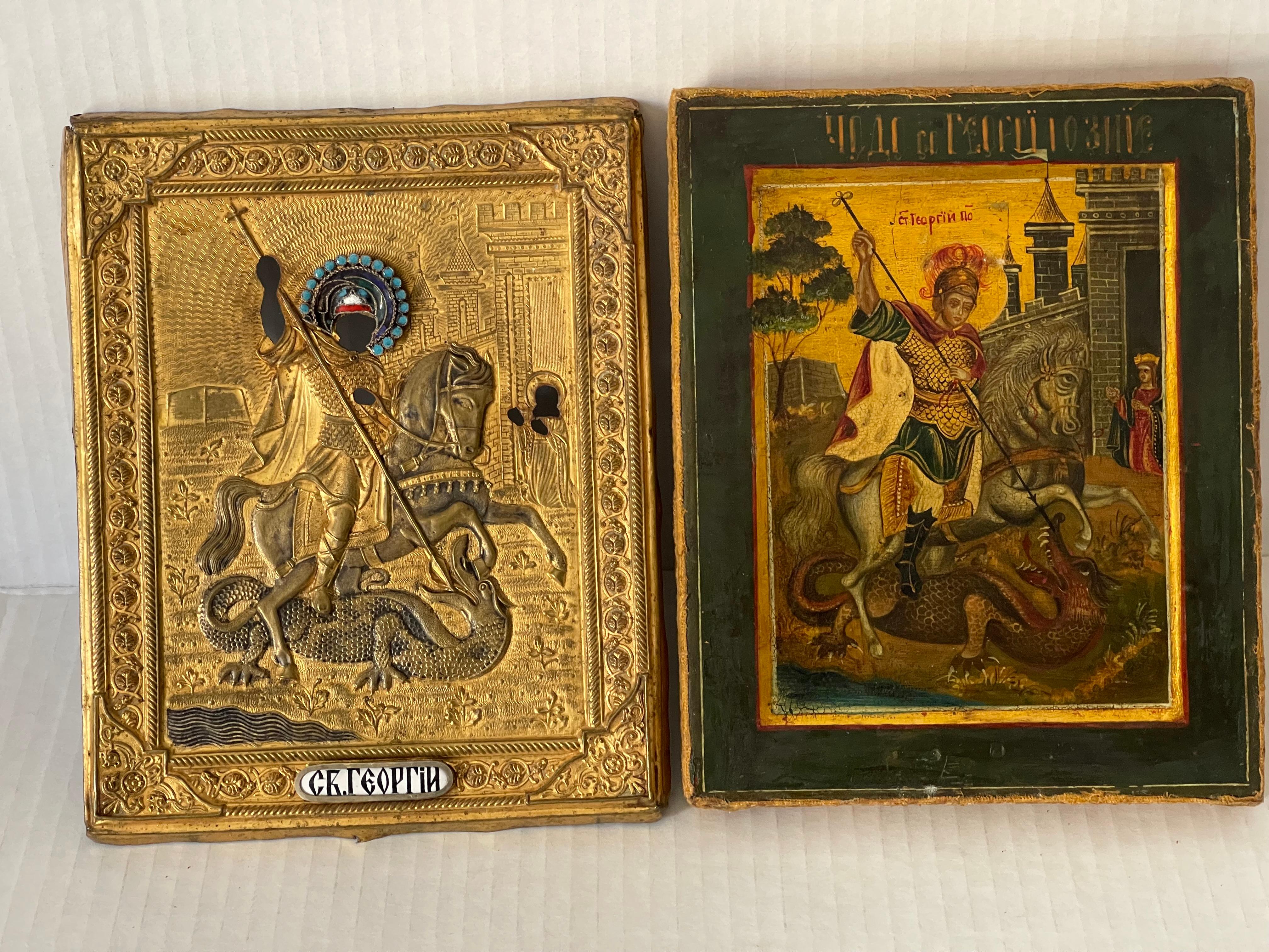 Antique 19 th c orthodox icon tempera on gold leaf on wood in polychrome enamel embossed brass oklad. Saint George The Miracle Worker defeating the dragon. Great level of master workmanship. Rare sought by collectors subject. Perfect condition.