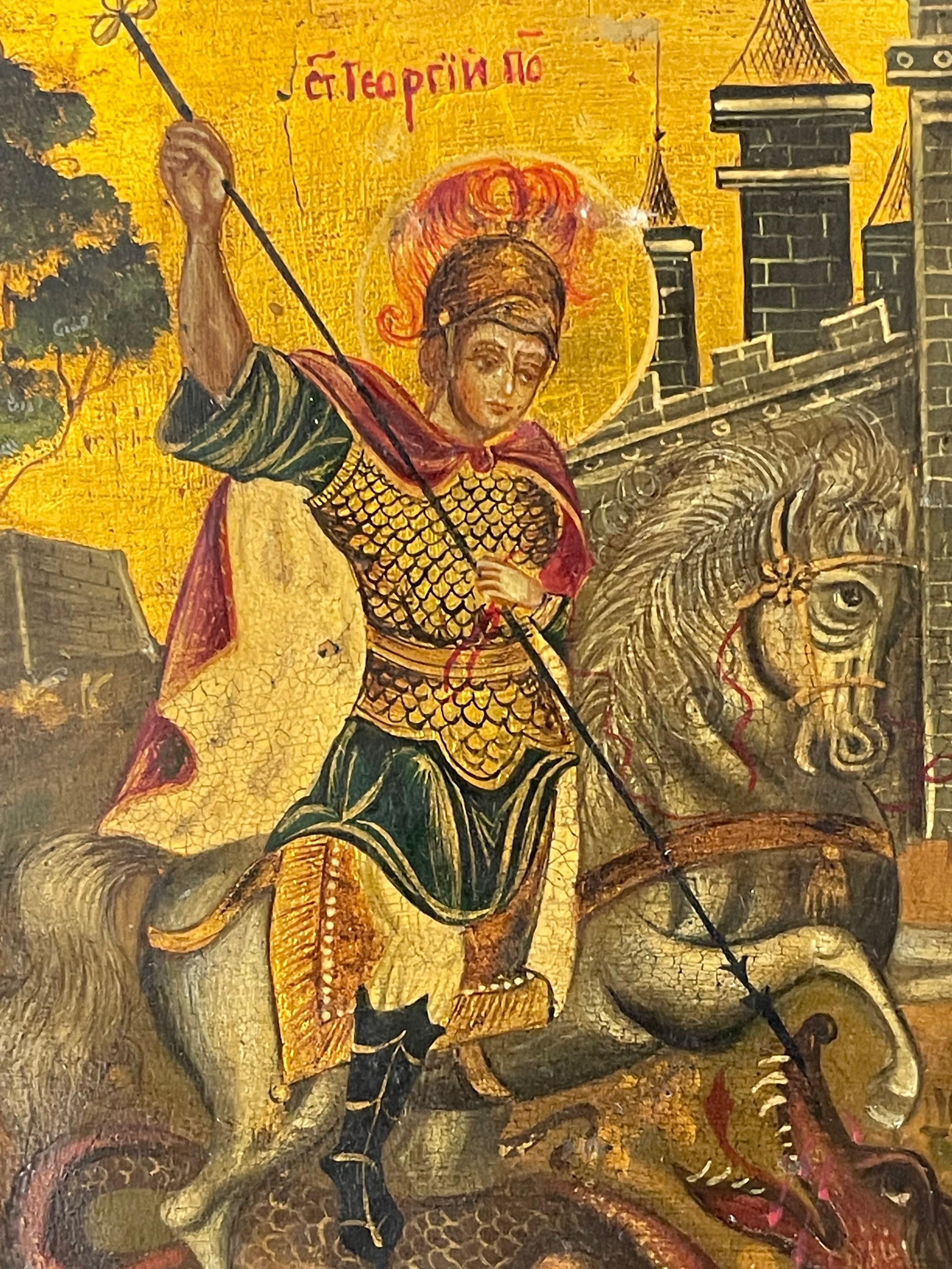 Russian Antique Icon St George Miracle Worker with Oklad For Sale